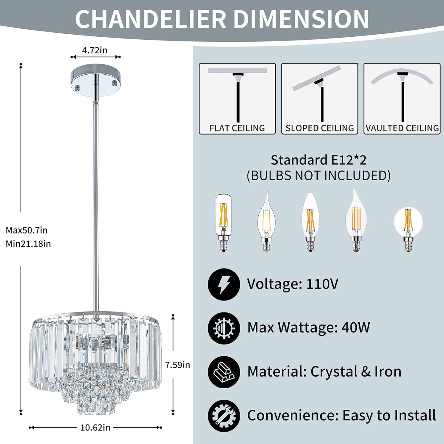 11" Pendant Lights Kitchen Island Chrome, 2-Light Modern Crystal Chandeliers for Dining Room Light Fixtures over Table, 4-Tier Round Bathroom Chandelier Pendant Light Fixtures for Entryway Bedroom