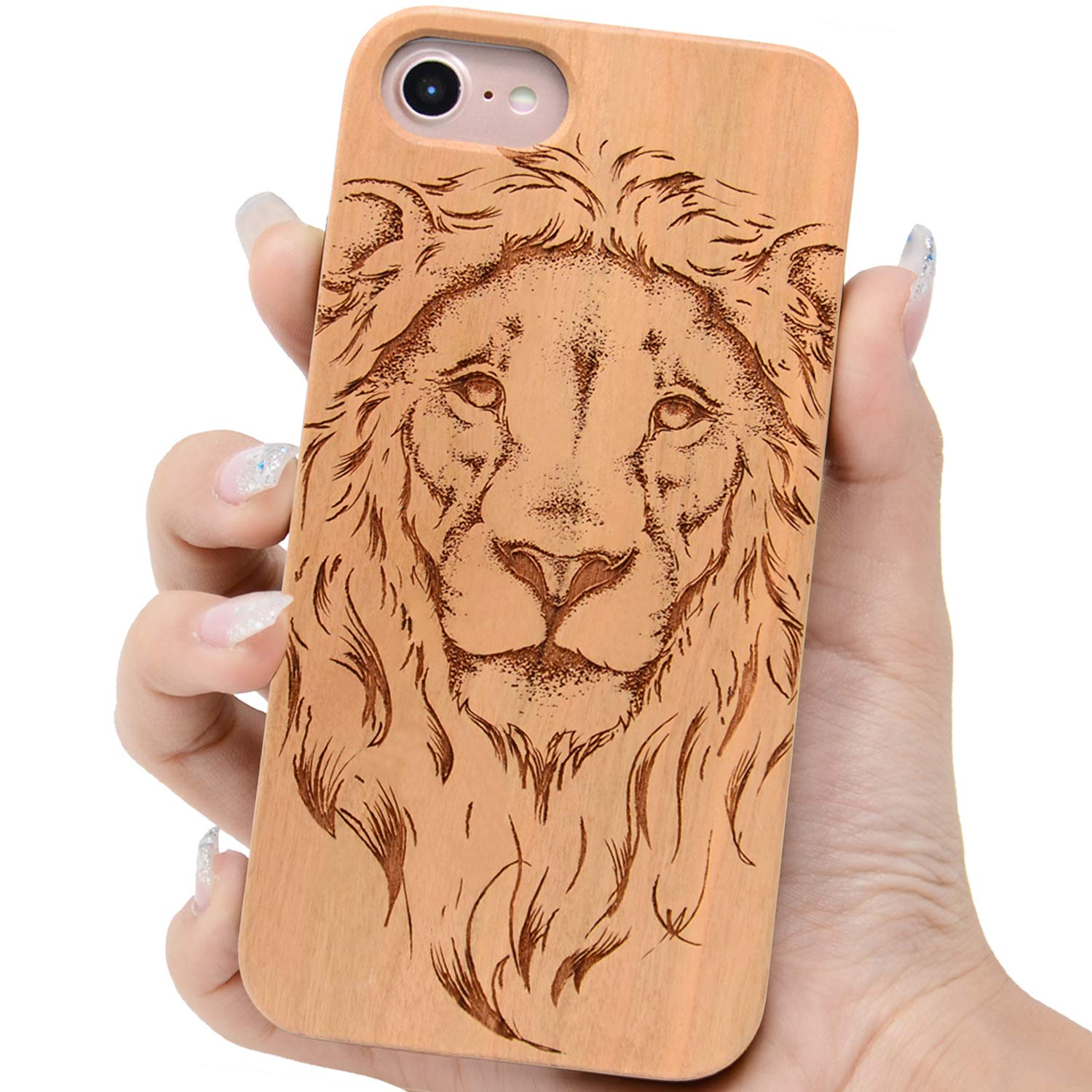 iProductsUS Lion Phone Case Compatible with iPhone 8 Plus, 7 Plus, 6 Plus, 6s Plus (5.5"), Wooden Cases Engraved in USA, Working with Wireless Charging, TPU Protective Cover (5.5-inch)