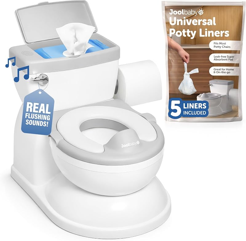 Jool Baby Real Feel 2-in-1 Potty with Wipes Storage, Flushing Sounds & Disposable Liners - Realistic Toilet - Easy to Clean & Assemble (Gray)