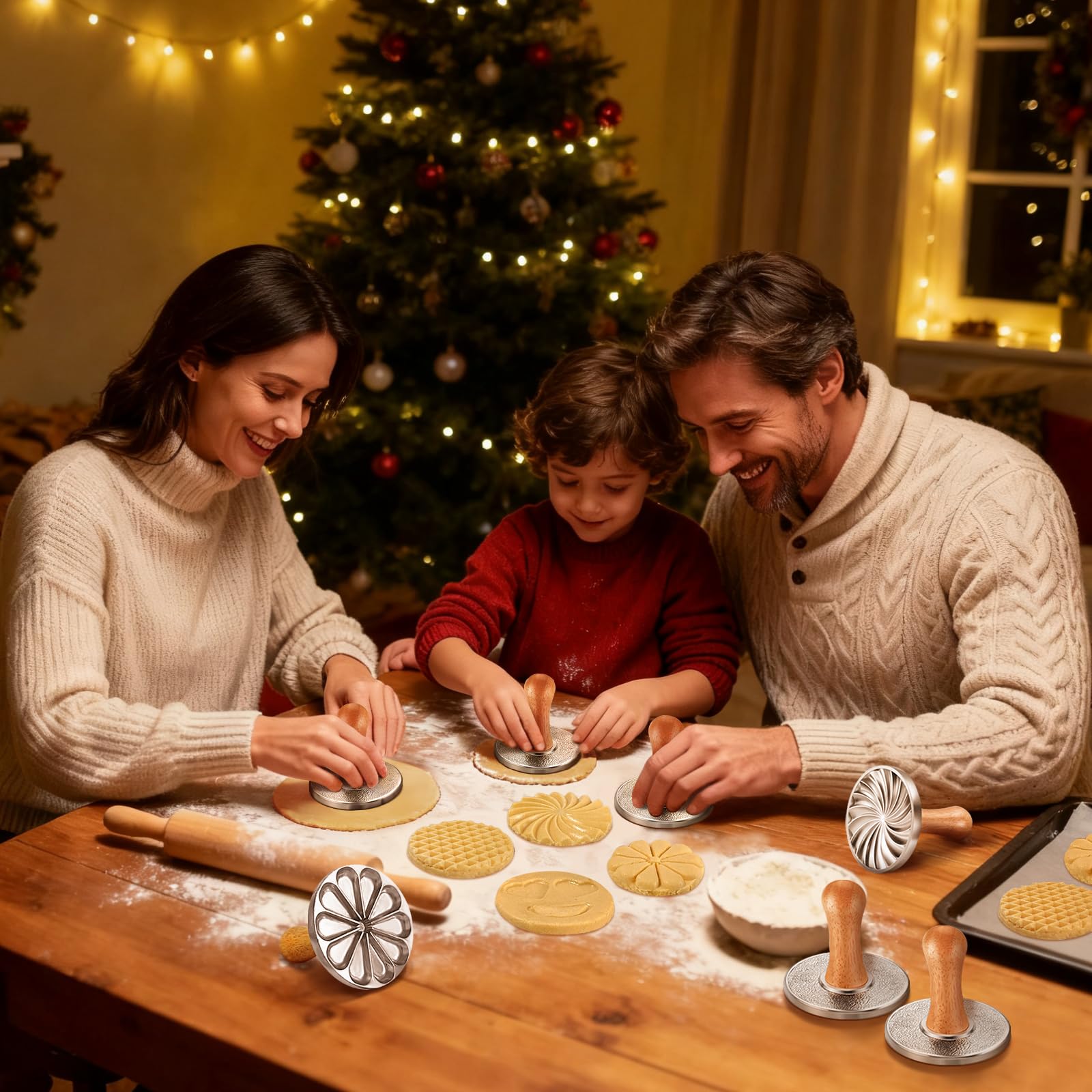 OPPEIN Juego de 3 sellos de galletas, molde de metal para prensa de galletas con mango de madera, suministros de decoración de galletas para hornear, pasteles, pasteles, paquete de regalo