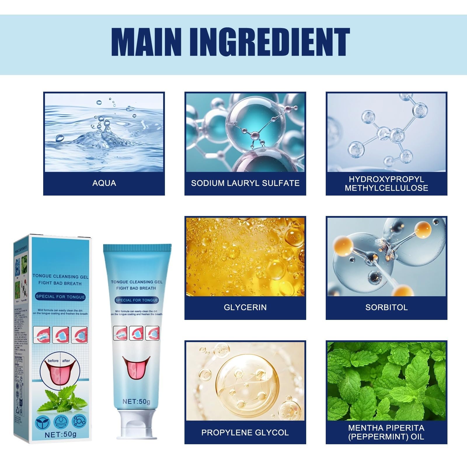 50 g Tongue Gel Cleaning with Brush & Scraper, Effective Bad Breath Remoator, Fresh Oral Hygiene, Ergonomic Care Kit, delikatna formuła do naprawy gumek i zębów, dla dorosłych na co dzień