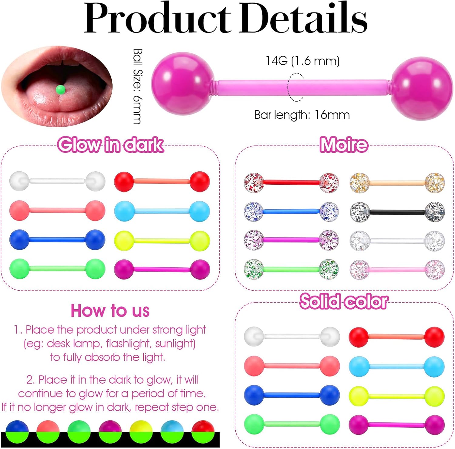 16 Pcs 14G Glow in Dark Tongue Barbell Flexible Acrylic Straight