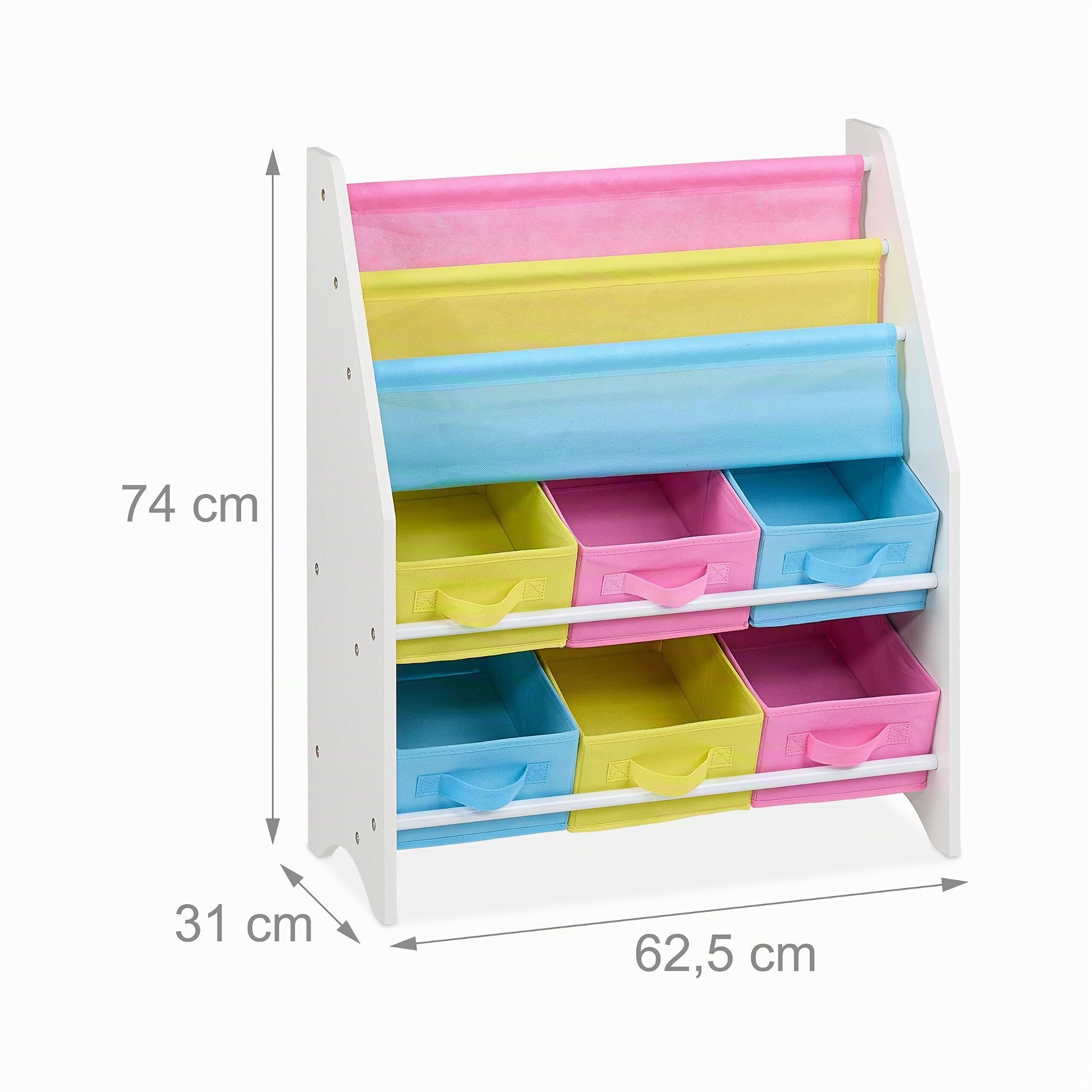 Relaxdays Estantería Infantil con 6 Cajas, 2 Bolsas de Tela, Organizador Juguetes para Niños, 74x62,5x31 cm, Multicolor