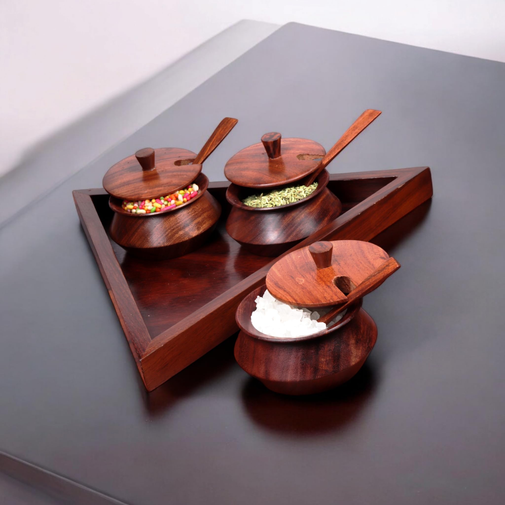 Wooden Serving Jar Set with Spoon & Tray, Condiment Jars, Mouthfreshner Jars (Three Handi Sheesham Wood (Triangular Tray)), 40 Ml Each Handi, Brown