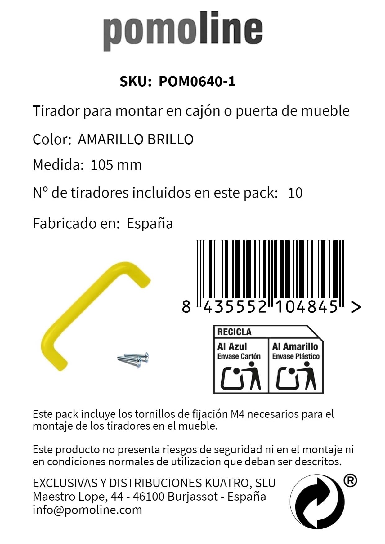 10 Un. TIRADOR Asa Mueble Infantil resina ABS amarilla - Distancia tornillos 96MM para