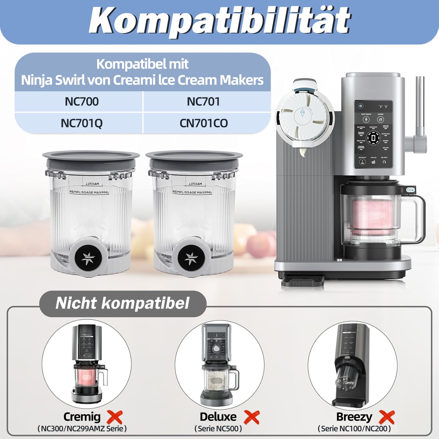 Zweierset Becher im Pint-Format als Ersatz für Ninja Swirl Eismaschinen & Soft-Serve-Maschinen, 473 ml Creami Swirl Becher mit Deckeln, kompatibel mit NC700, NC701 Serie (2 Stück, Grau, N7)