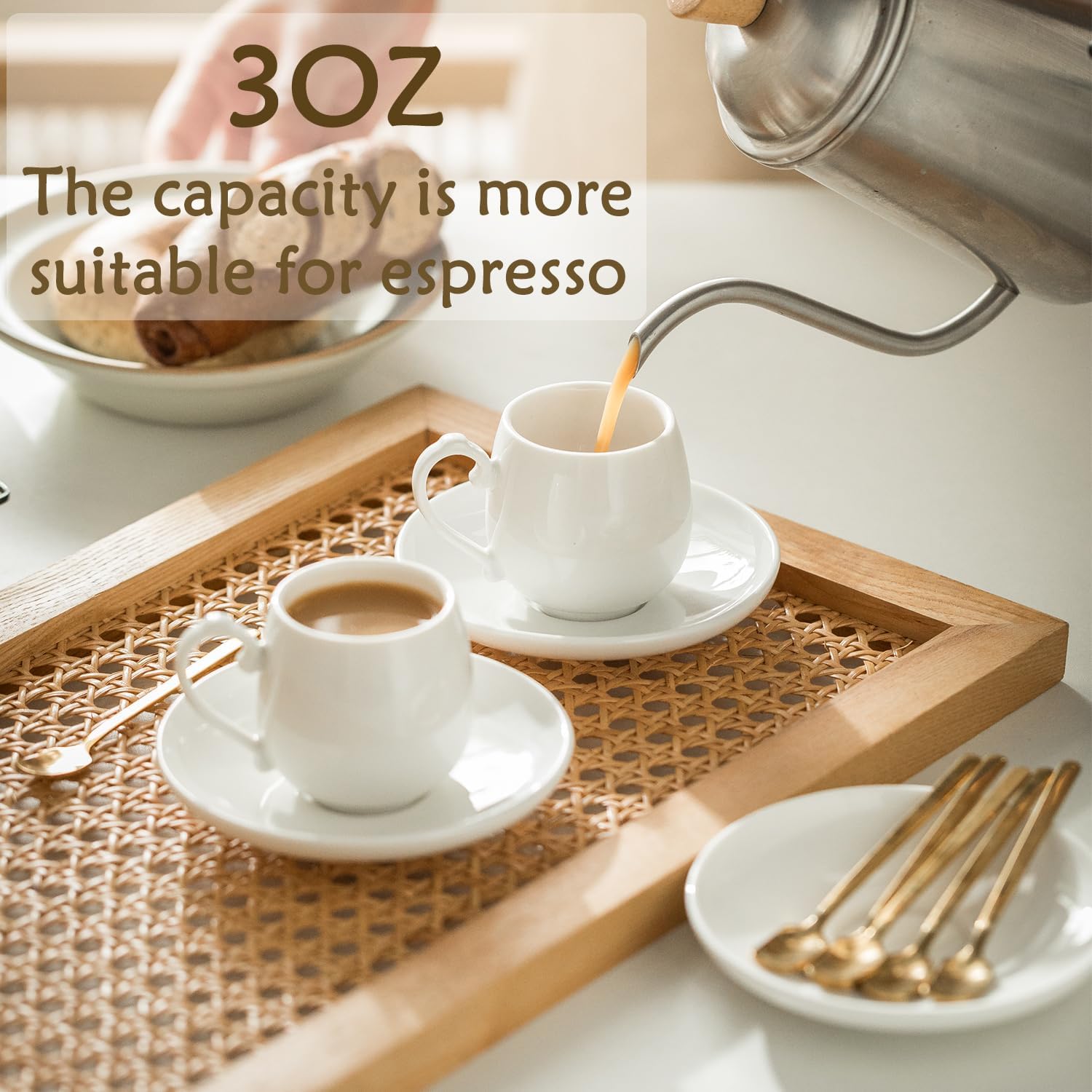 LYEOBOH Espresso Cups, Coffee Cups 3 oz Grey Ceramic Set of 6, Mini Coffee Mugs and Espresso Cups with Saucers Set for Espresso, Latte, Cafe Mocha and Tea, Set of 6, White