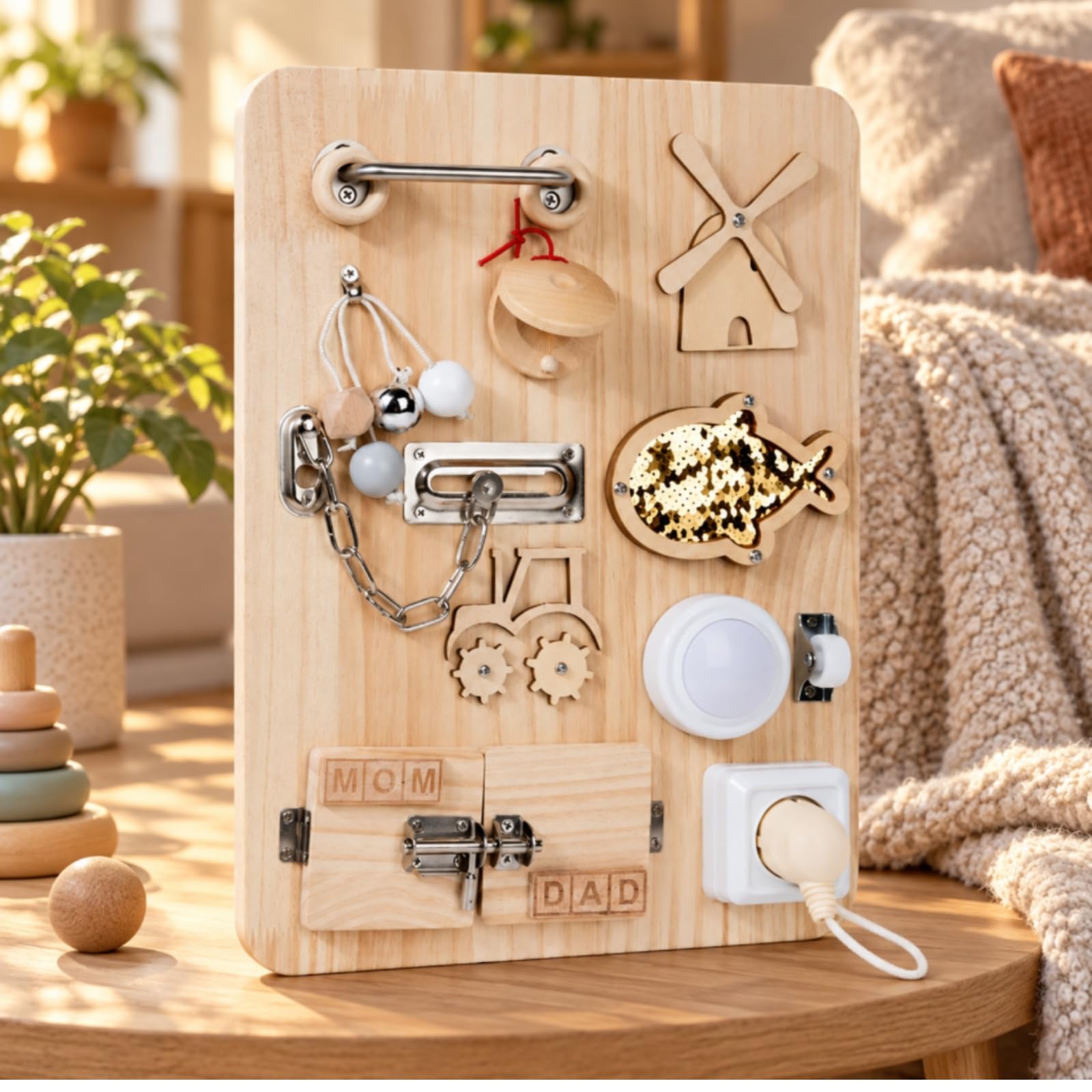 Amagogo Busy Board Child-Centered in Legno con Cavtto Senza Schermo Tavola delle attività Doppia Faccia in Legno Levigato per Apprendimento a Casa