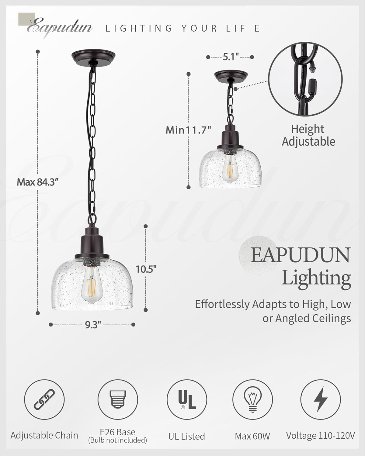 EAPUDUN 1-Pack Farmhouse Pendant Light, 1-Light Industrial Hanging Light Fixture with 9.3" Round Seeded Glass Shade, Dark Bronze Finish, Vintage Ceiling Lighting for Kitchen Island & Dining Room
