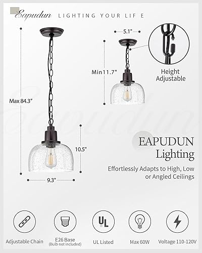 Miniatura 4 de EAPUDUN Paquete de 1 lámpara colgante de granja, lámpara colgante industrial de 1 luz con pantalla de vidrio sembrado redonda de 9.3 pulgadas,