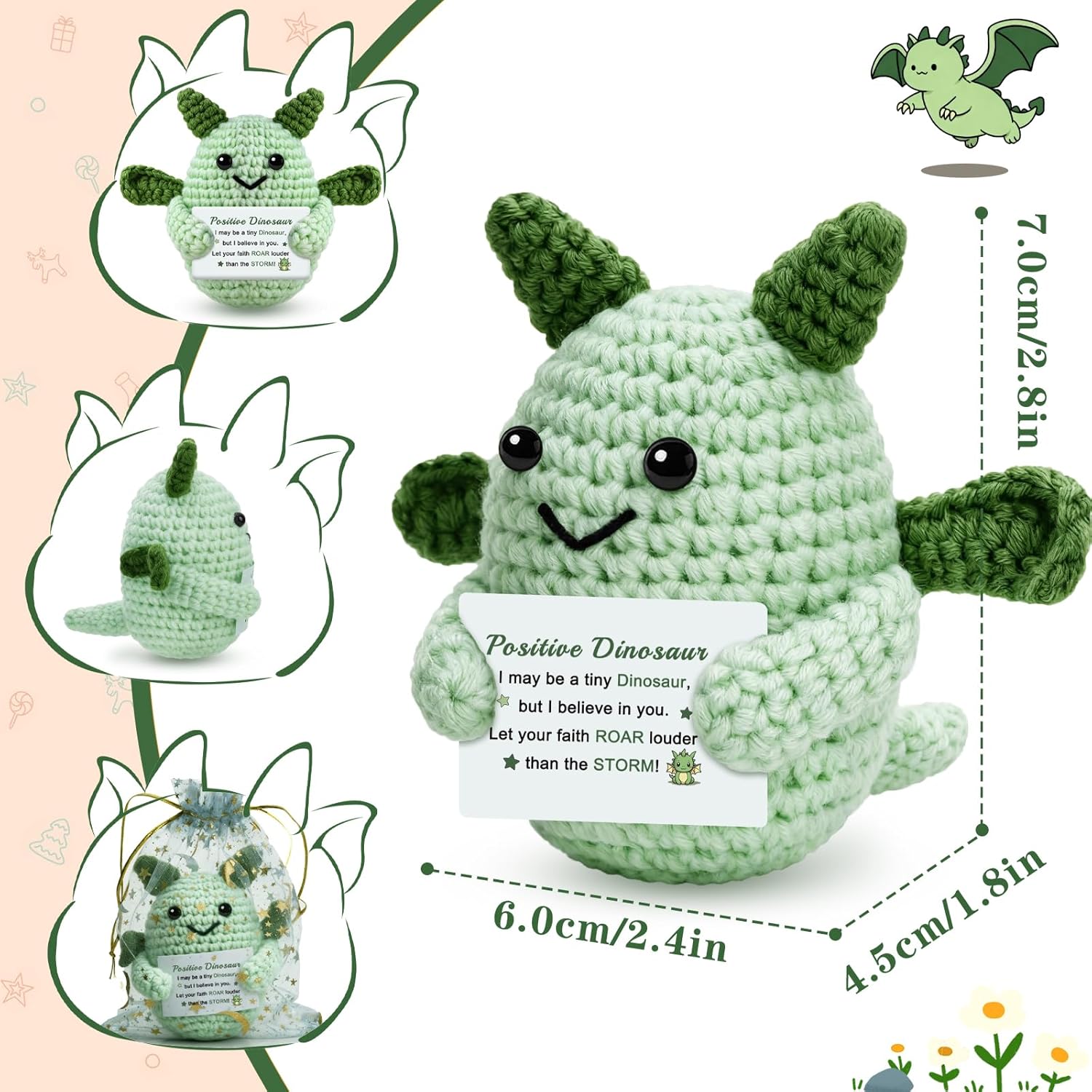 Positive Crochet Dragon Animal Gifts for Friend Easter Basket Stuffer Emotional Crochet Support Dinosaur Encouragement Cheer Up Gifts for Women Men Daughter Son Birthday - Image 5