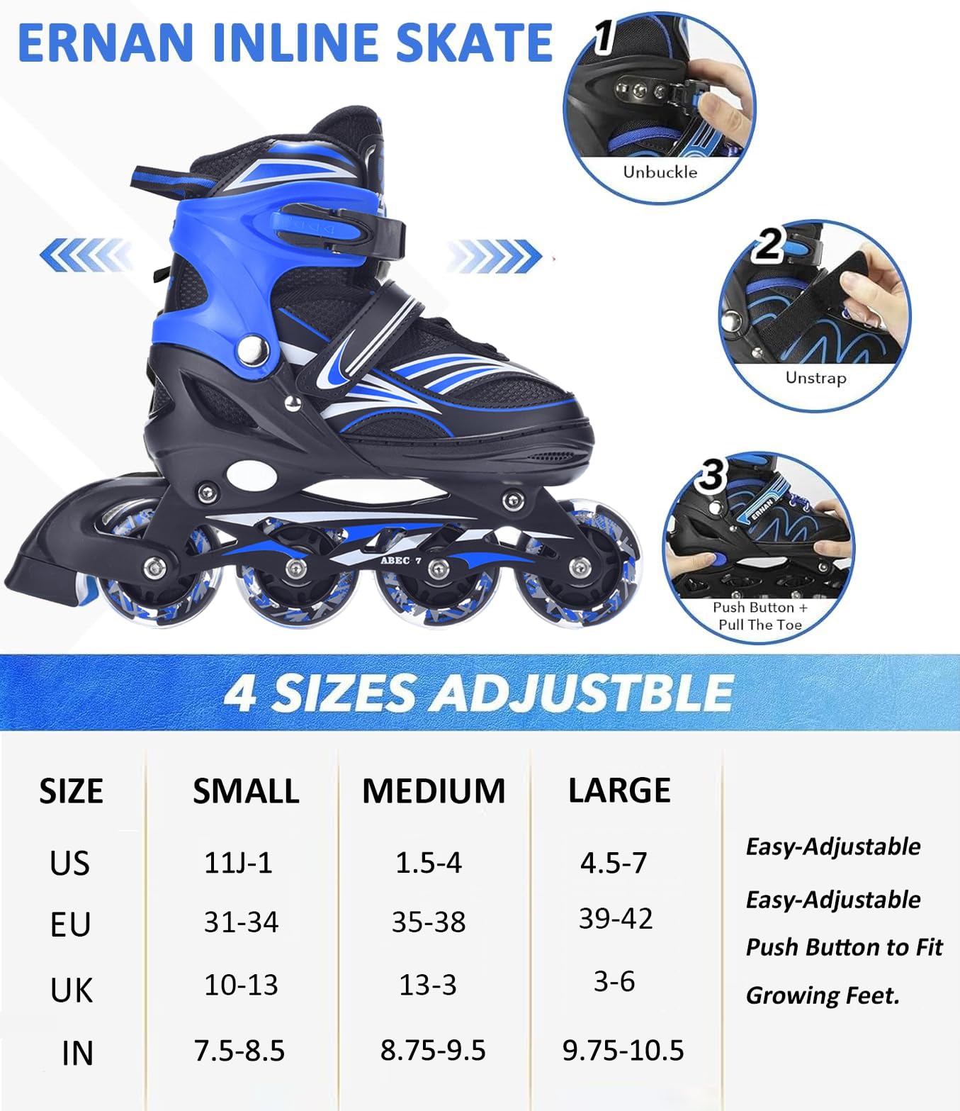 ERNAN Rollers en Ligne,Patins à roulettes en Ligne Réglables pour Enfants Filles Garçons Débutants,Patins à roulettes en Ligne avec Roues LED Idéales pour Les Garçons Filles Homme Femme - 3