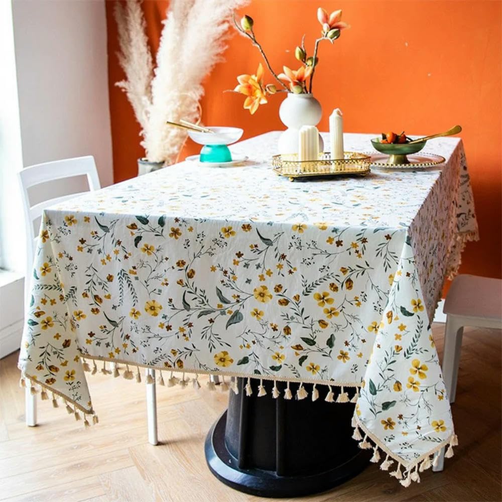 Manteles artísticos con Estampado de Flores de 60~300 cm Mantel de Lino de algodón Puro Cubierta de Mesa Rectangular para Comedor