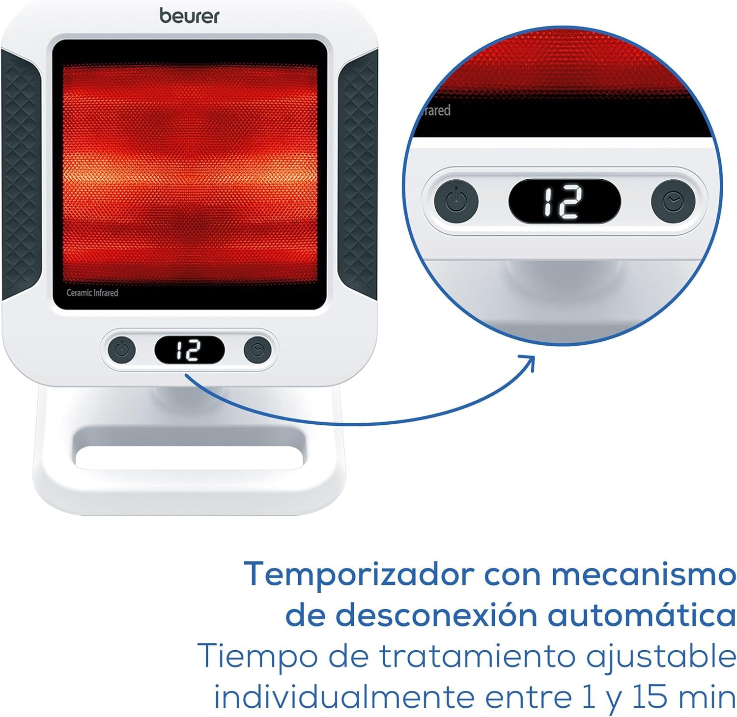 Beurer IL 60 Radiador de calor infrarrojo, calor calmante para resfriados y tensiones musculares, dispositivo médico con 300 vatios y temporizador, placa cerámica con protección UV, regulable