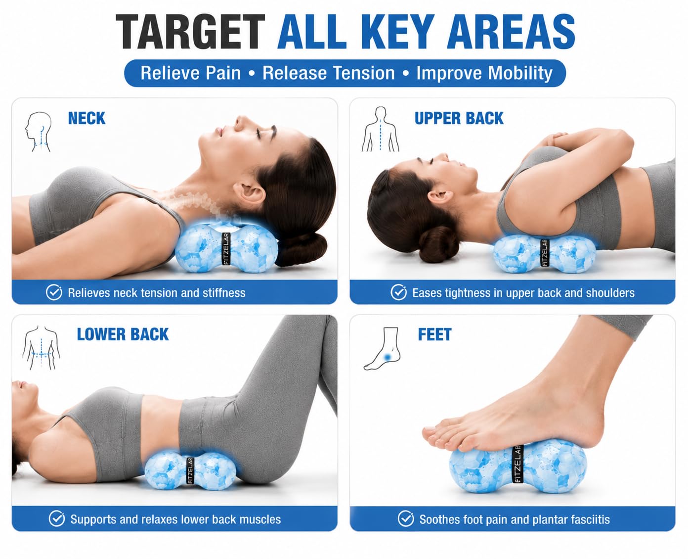 FITZELAR Pelota de masaje de lacrosse doble para liberación miofascial, certificación SGS, masaje de tejido profundo para cintura, espalda y pies, terapia de punto de activación, nudos musculares,