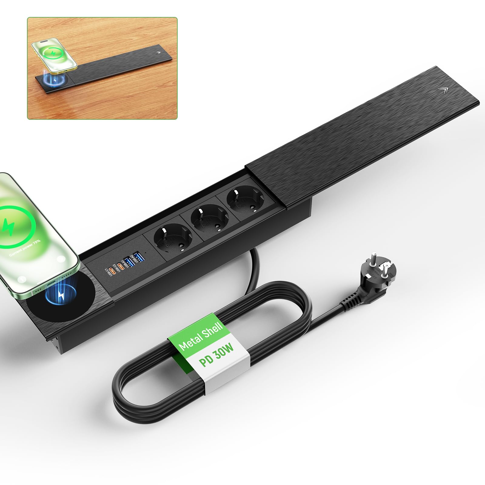 Listwa zasilająca z 3 gniazdami USB C PD20 W, do zabudowy, z USB i bezprzewodową ładowarką 15 W, metalowa pokrywa, wpuszczane gniazdko, do kuchni, biura, czarna, kabel 2