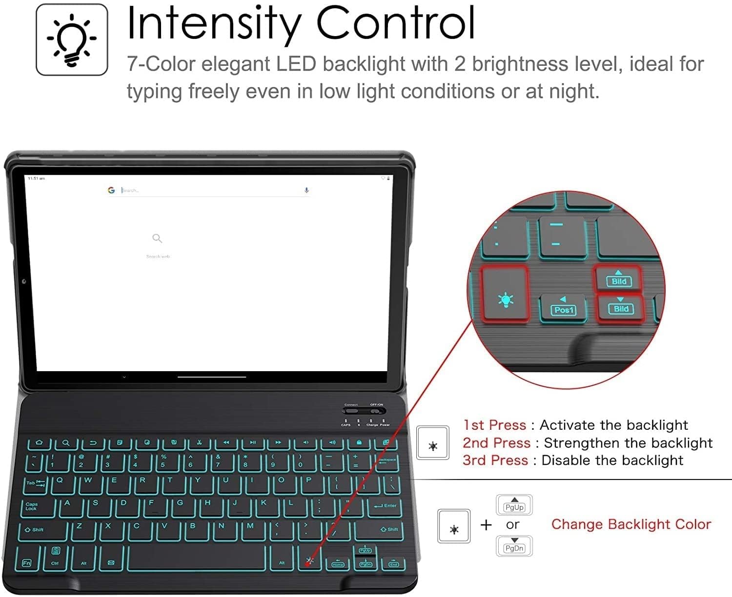 Diagram illustrating how to activate, strengthen, and change the 7-color backlight on the ProElite keyboard.