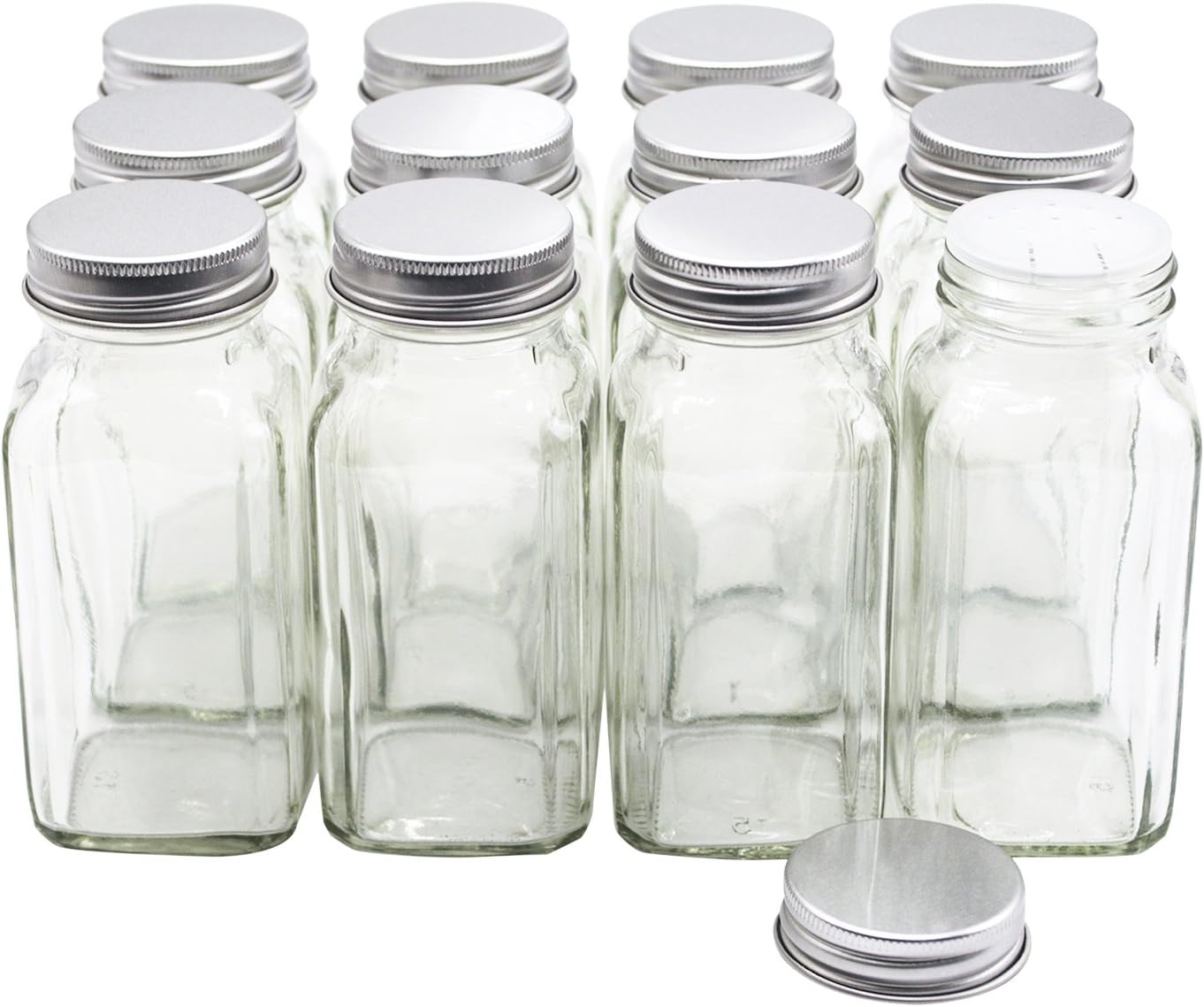 U-Pack 12 pieces of French Square Glass Spice Bottles 6 oz Spice Jars with Silver Metal Lids, Shaker Tops, and Labels by U-Pack