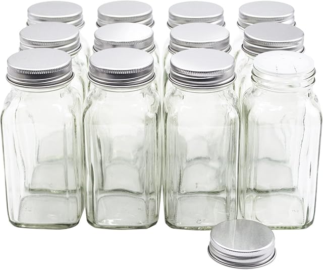 U-Pack 12 pieces of French Square Glass Spice Bottles 6 oz Spice Jars with Silver Metal Lids, Shaker Tops, and Labels by U-Pack
