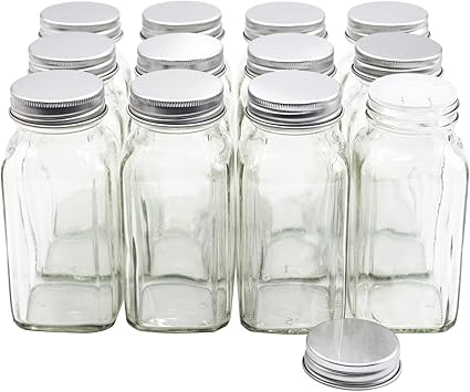U-Pack 12 pieces of French Square Glass Spice Bottles 6 oz Spice Jars with Silver Metal Lids, Shaker Tops, and Labels by U-Pack