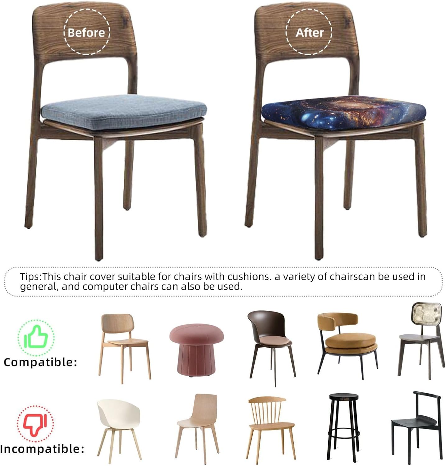 Universe Galaxy Print Print Square Cushion Covers 6 Pcs Set Elastic Non-Slip Seat Cushion Slipcovers Pet Furniture Protectors for Chair, Sofa