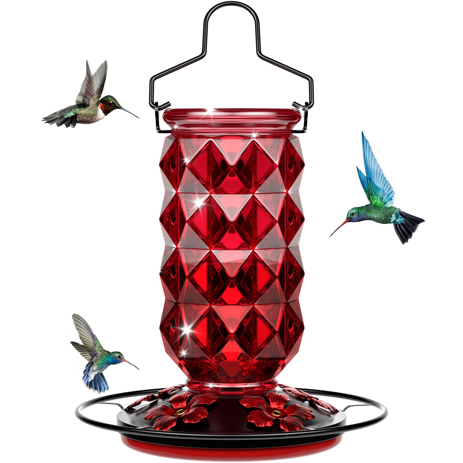Grete GotyeGlass Hummingbird Feeders for Outdoors, 25 Ounces Wild Bird Nectar Feeder with Perch & 5 Flower Feeding Ports Leak proof Hanging for Garden Backyard Decor, Gifts for Women Mom, Red