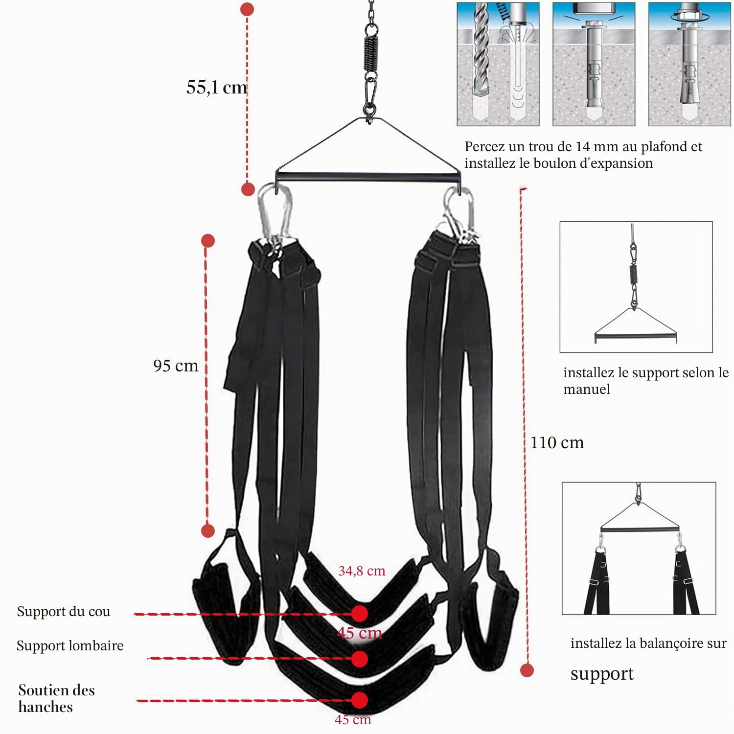 Balançoire sexuelle pour le plafond, balançoire sexuelle confortable avec coussinets extra larges, kit de bondage SM extra robuste pour les couples