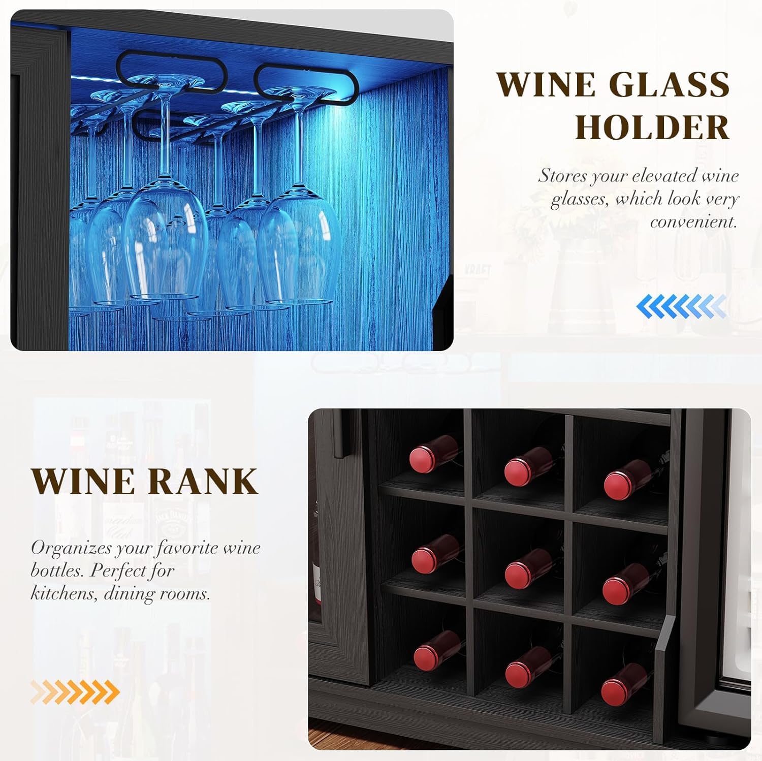 BROTTAR Meuble Bar à café avec réfrigérateur (Inclus), Grand Bar à Alcool avec lumières LED, Porte-Verres et casier à vin, Meuble à vin avec détecteur de présence, Buffet Enfilade pour la maiso