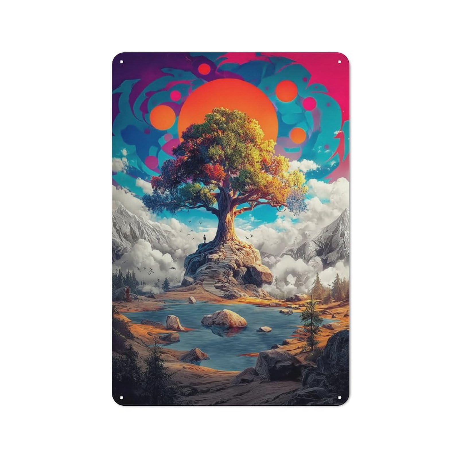 Junmoney Enchanted Tree Landscape Tin Wall Plaque 30X20cm With For Home Office Or Studio, For Home Office Decor Fans