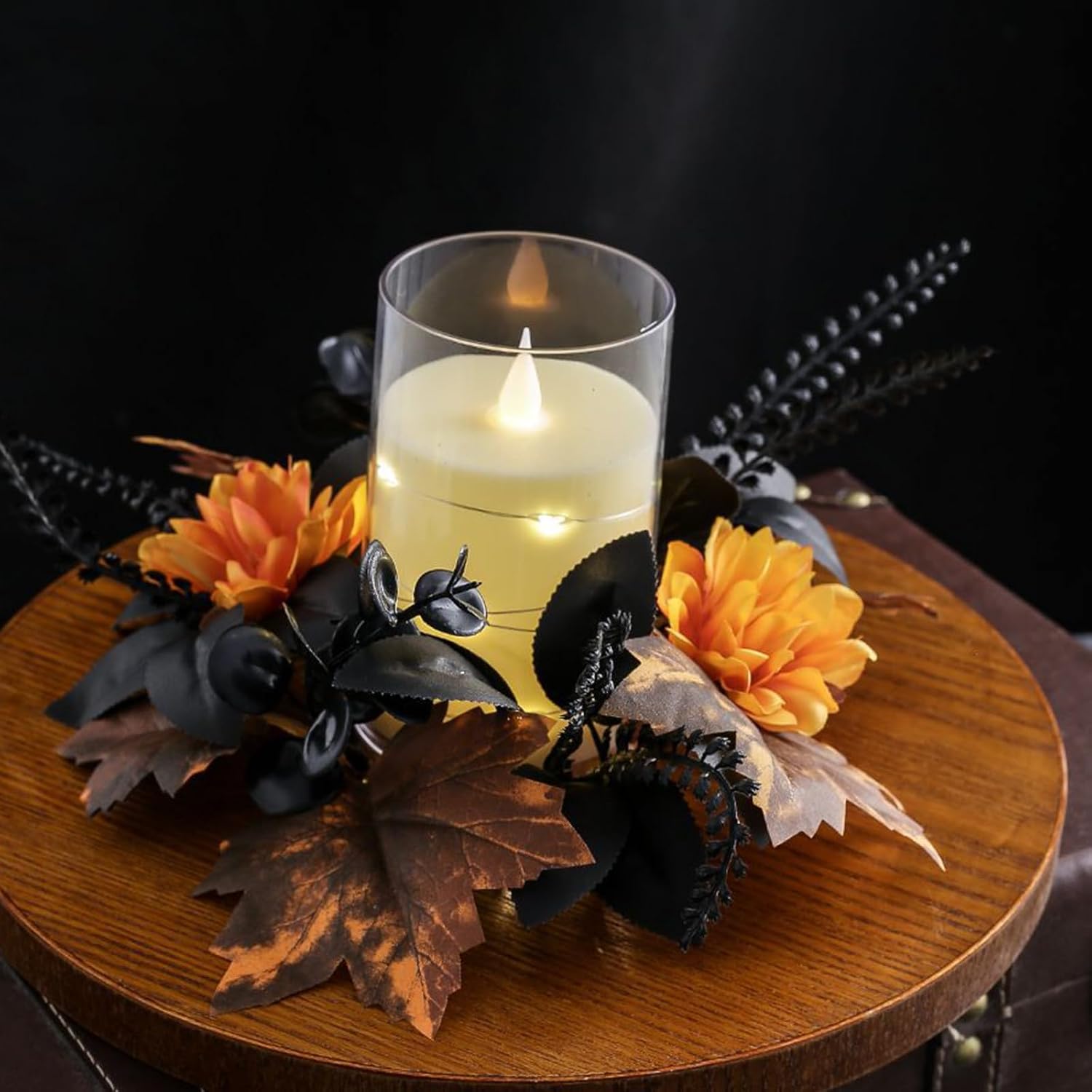 Halloween Black Candle Rings Wreath Artificial Eucalyptus Candle Wreath for Halloween Fall Home Table Centerpieces Thanksgiving Party Indoor Decorations