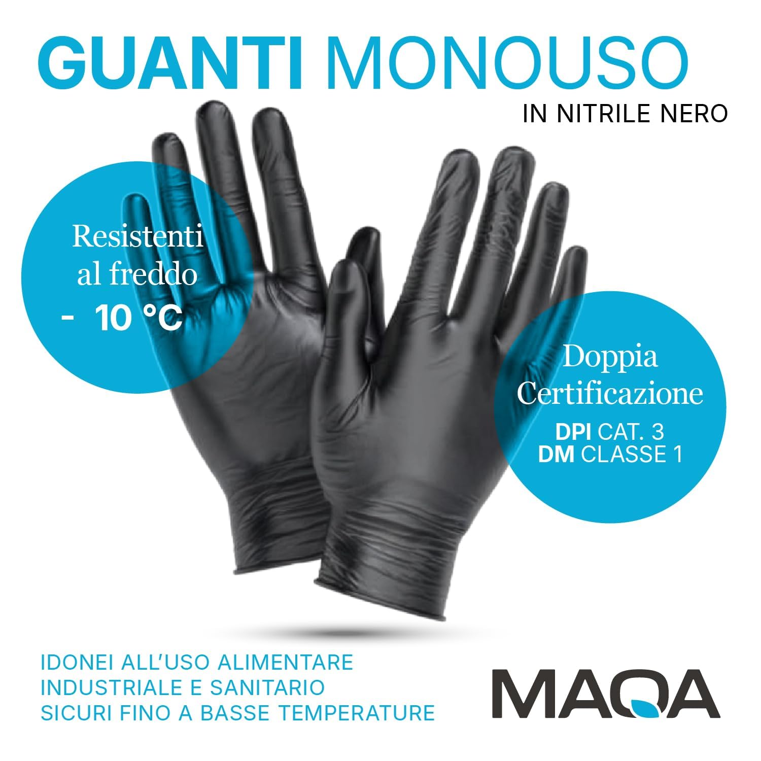 MAQA 800 Guanti Nitrile Neri Monouso | NO LATTICE, NO POLVERE | DPI Cat. III & Dispositivo Medico Classe I | Uso Professionale, Medico, Alimentare, Tattoo, Pulizie | Presa Microgrip, Taglia L