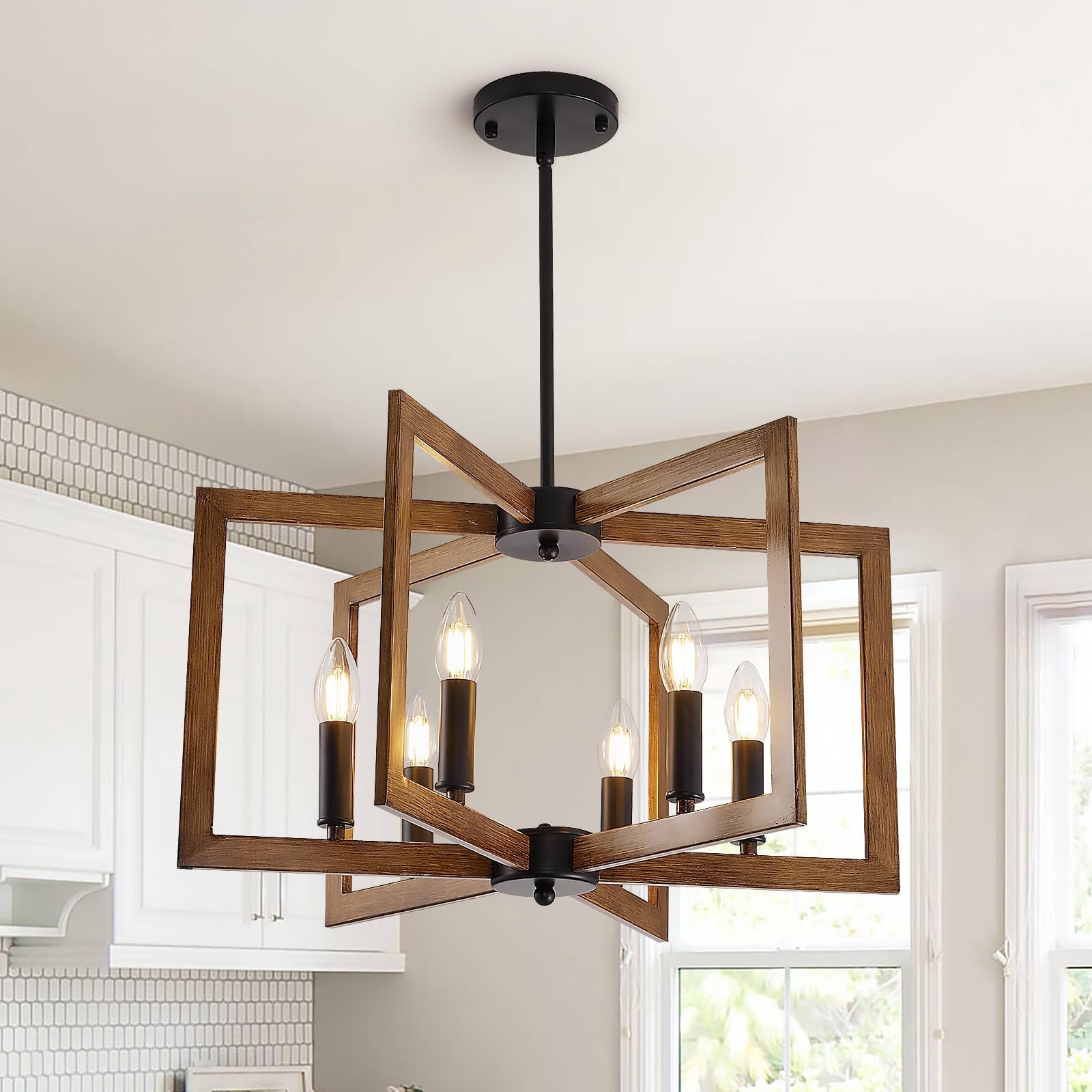 Hvkvhvy Wood Vintage Chandeliers Ceiling Light,E14 Geometric Farmhouse Pendant Light 6 Light Industrial Metal Ceiling Lights Living Room For Kitchen Island Hallway Dining Room Entryway (Black,)