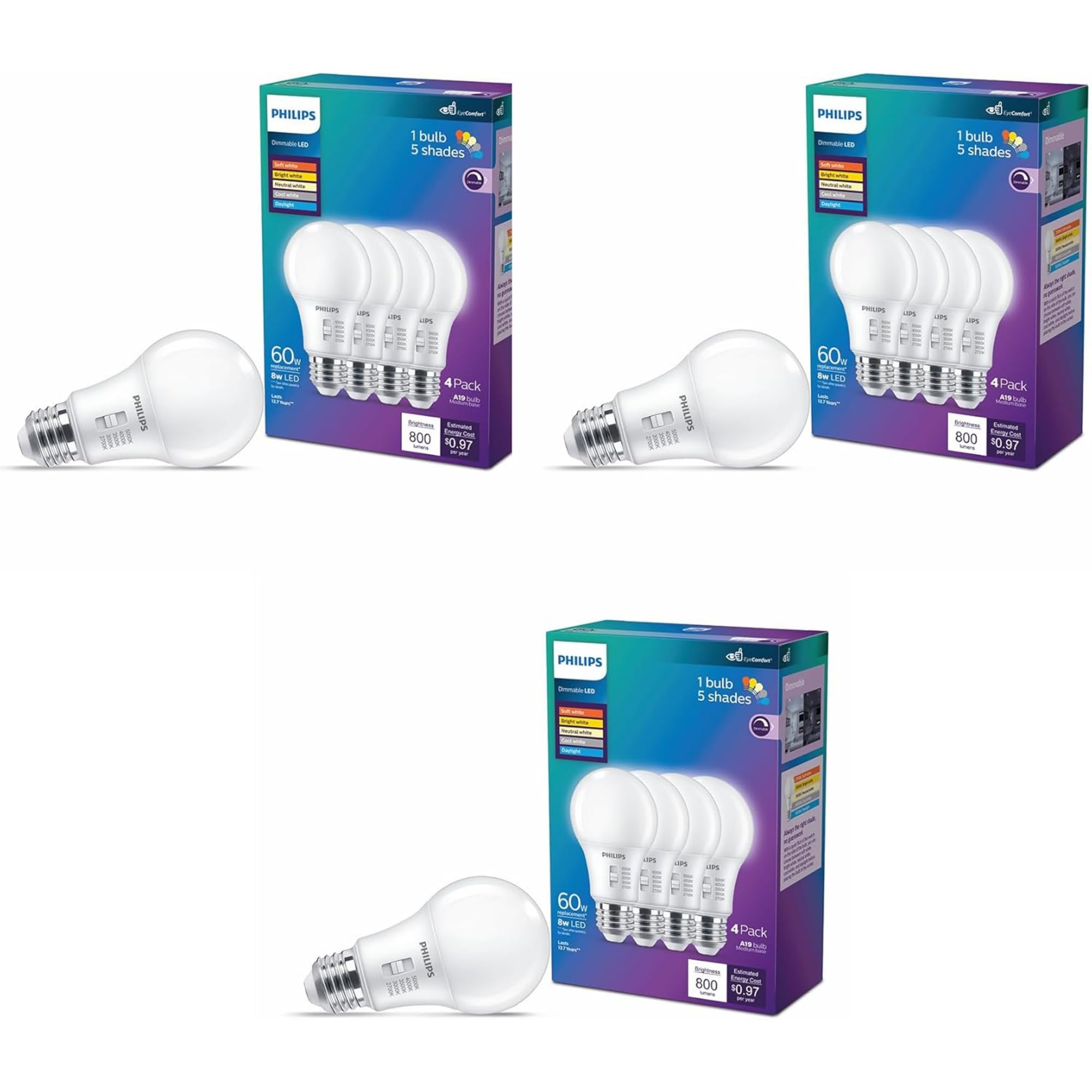 PHILIPS LED 60W A19 12-Pack Selectable White Multi-CCT 800 Lumen (8W = 60W) Dimmable Frosted Flicker-Free Light Bulbs - Amazon.com