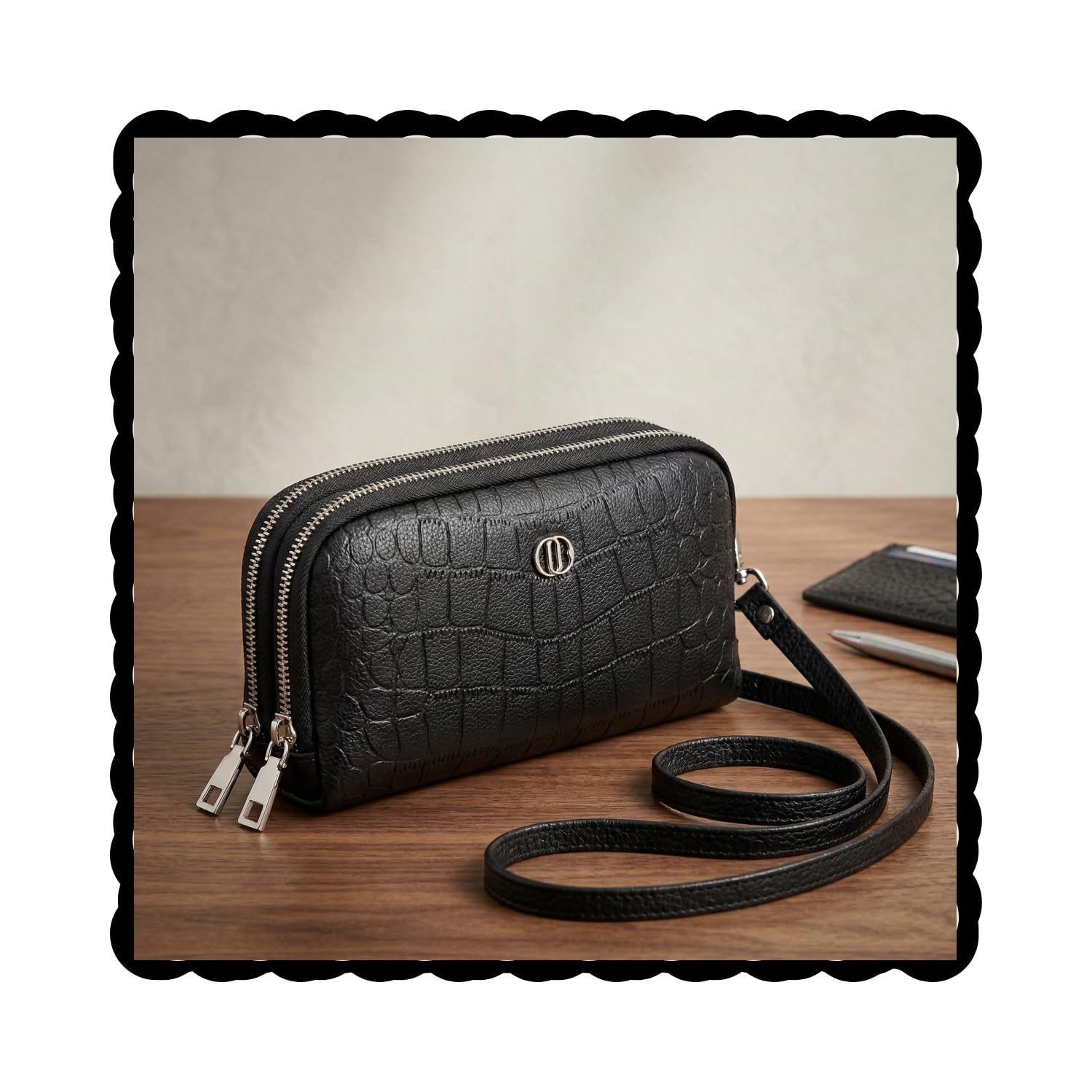 Women's Black Croc-Embossed Leather Double Zip Crossbody Bag with Wristlet Strap-image-38