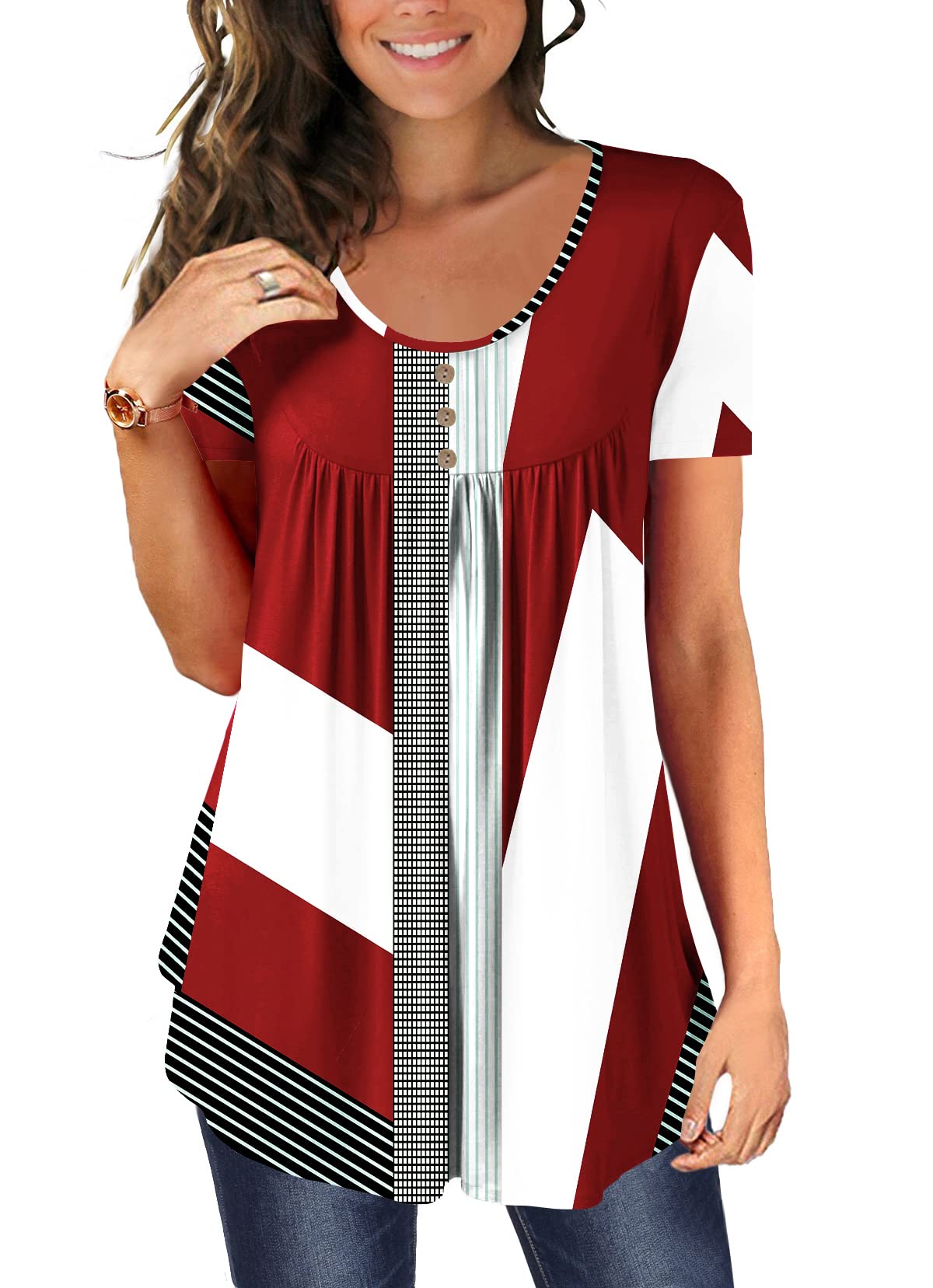 BeadChica Women's Tunic Tops For Leggings Short Sleeve Shirts Botton Up Casual Ruched Blouses Clothing