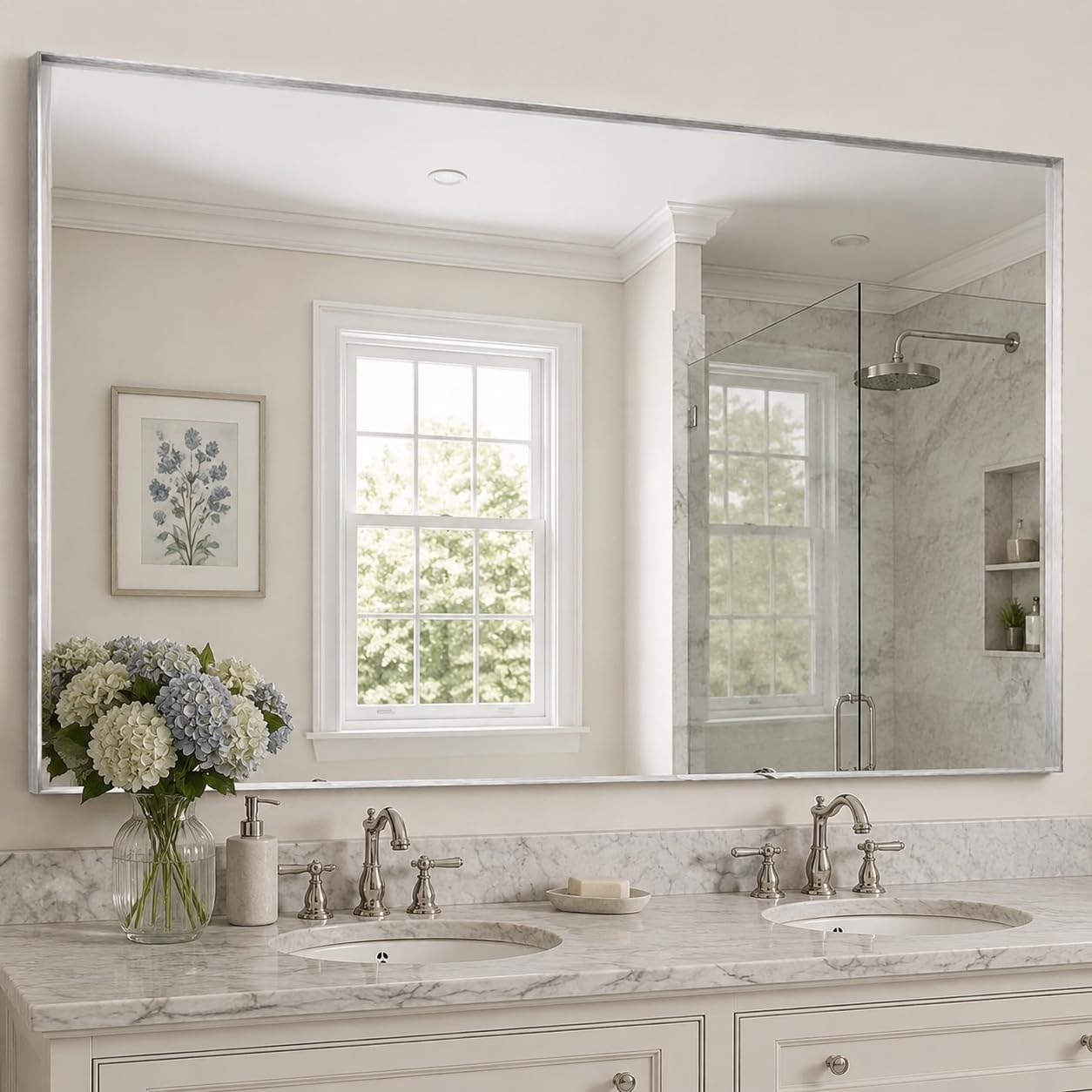 Photo 1 of Suidia Bathroom Mirror, 60" x 36" Wall Mirror Metal Framed, Bathroom Vanity Mirror for Living Room Bedroom Bathroom Entryway, Silver, Rect Corner Style