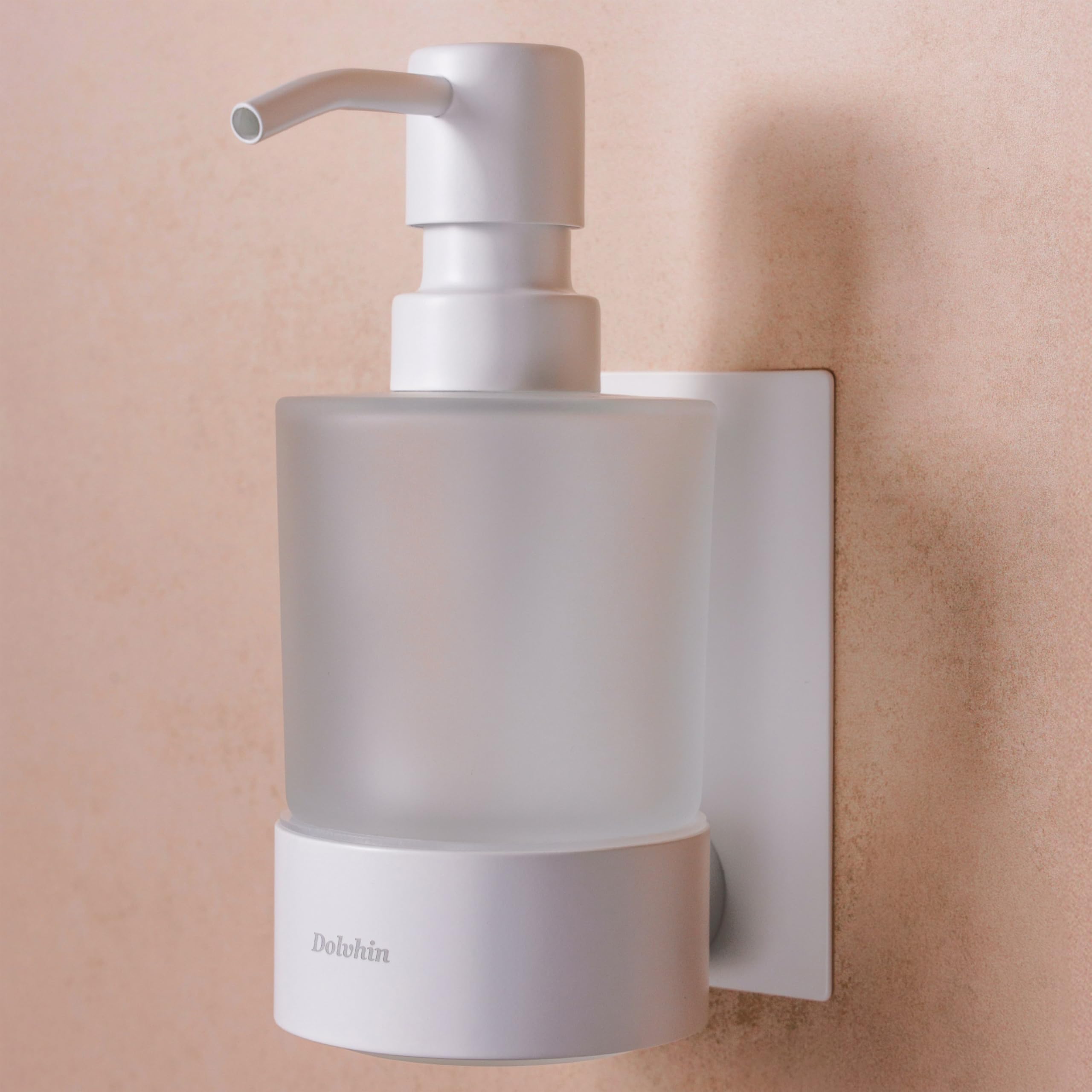 Dispensador de Jabón Sin Taladro para Pared | Dosificador Vidrio Esmerilado 250ml | Bote de Jabón Acero Inoxidable | Jabonera Adhesivo Baño & Cocina | Soporte Mural Incluido | Blanco Mate