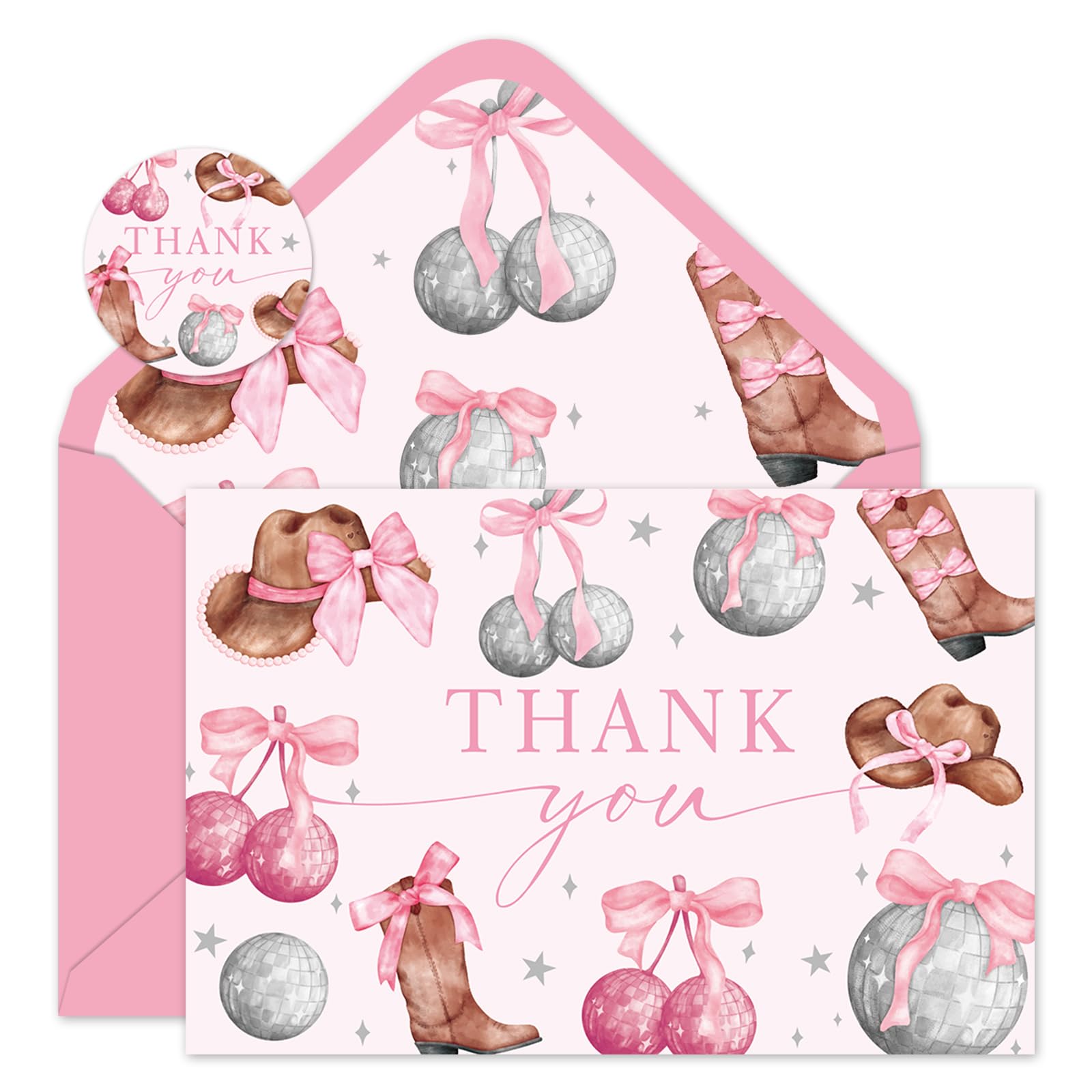 JarThenaAMCS 24 Pack Cowgirl Thank You Cards With Envelopes Stickers Pink Bow Disco Ball Cowgirl Hat Boots Greeting Cards Pink Blank Note Card for