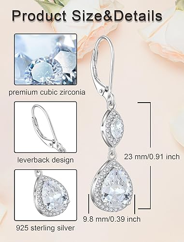 Miniatura 6 de Dangle Drop Earrings for Women, 925 Sterling Silver Wedding Earring 7×9MM Teardrop Birthstones Earrings with Leverback for Brides Jewelry Gifts