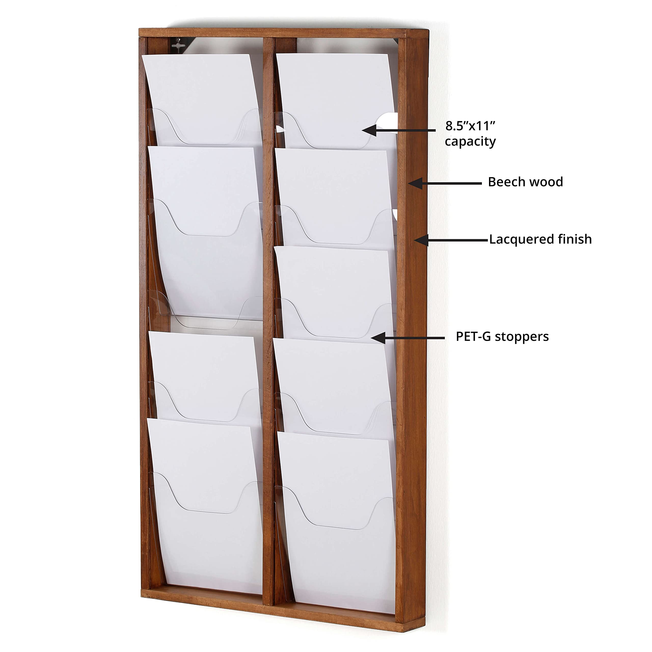 M&T Displays Wal Mount Porte-revues en bois foncé pour brochures, brochures, catalogues, littératures, assemblage facile, durable, transparent, pochette en PET G, 25,4 x 27,9 cm pour école, bureau