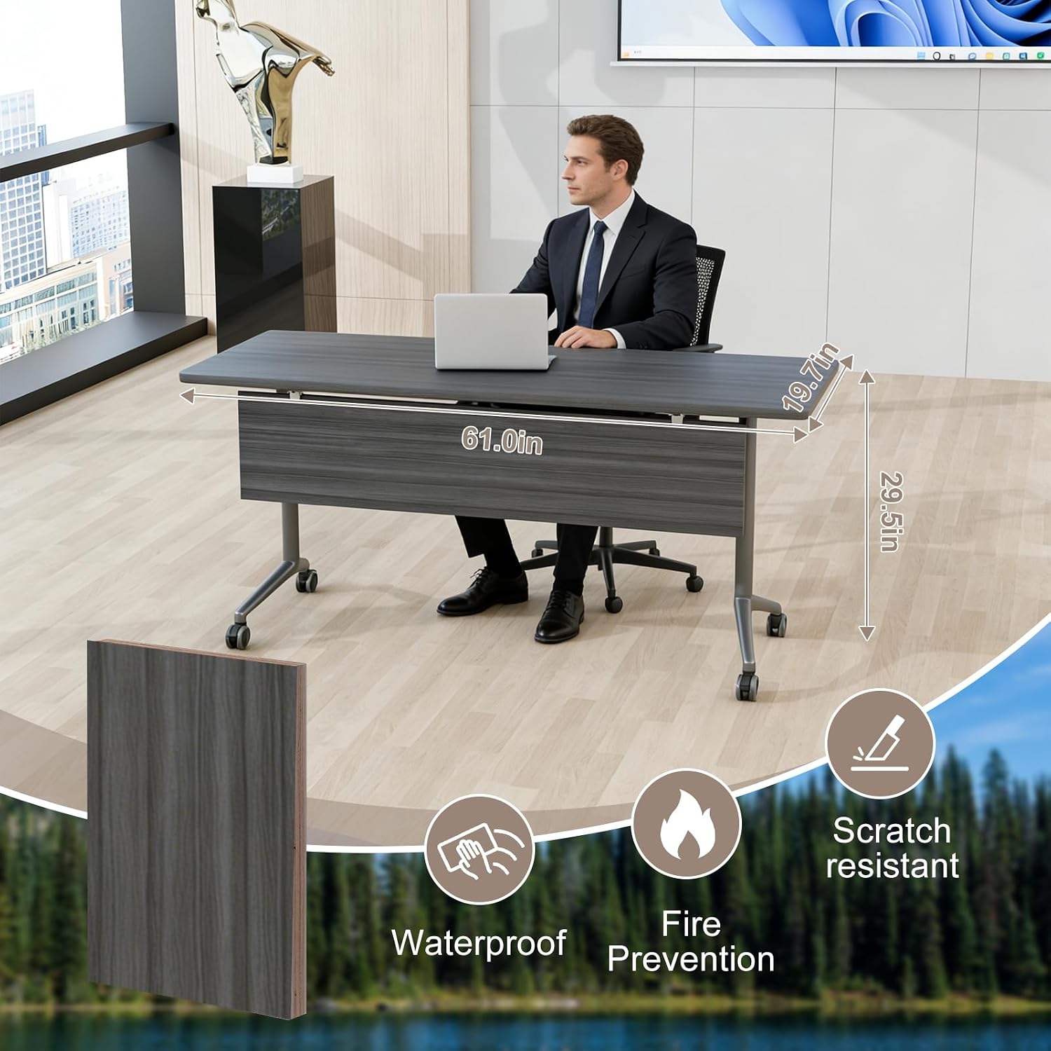 Conference Table, Folding Conference Room Tables, Modular Foldable Conference Table Stackable Flip Top Training Meeting Table with Wheels, Modern Seminar Meeting Room Table (2, Ebony, 55.1in)