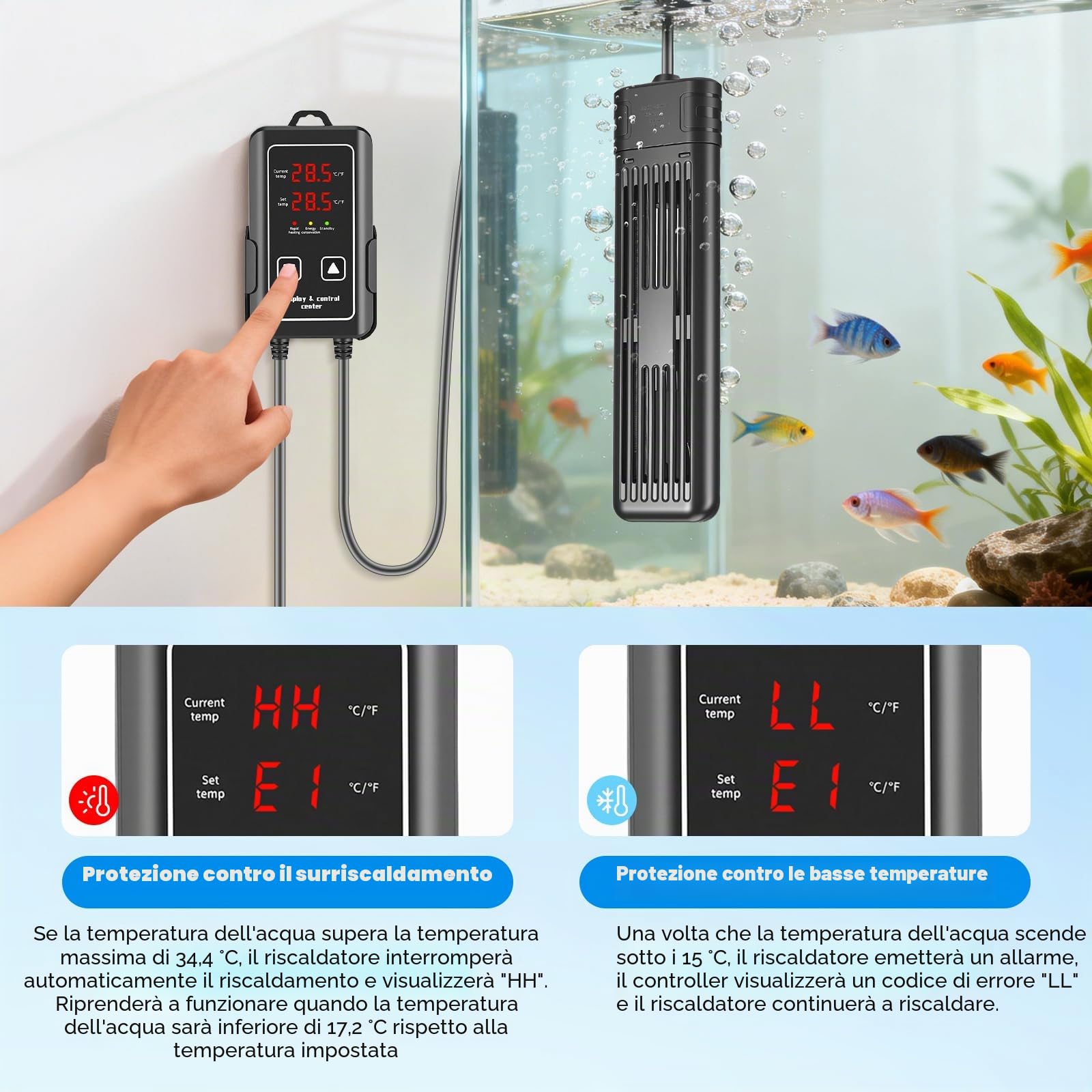 Riscaldatore per Acquario 600W Regolabile, Barra Riscaldante con Display Digitale a LED Esterno, Controller LED, Protezione da Sovratemperatura, Termostato per Acquari Dolce e Salato da 250L a 400L