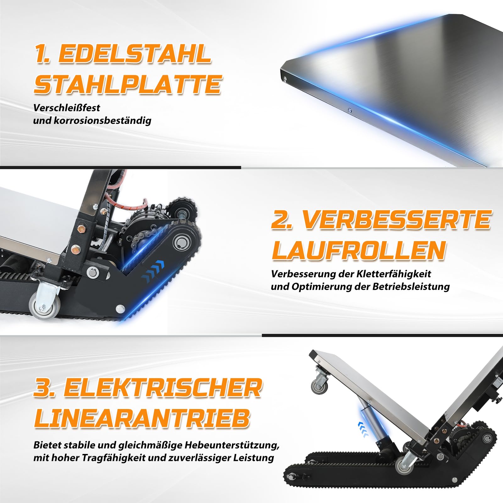 1250W Elektrische Sackkarre mit verlängert Gummiketten &Tragplatte, Elektrischer Treppensteiger 410kg Tragkraft, Treppen & Abstiege BewäLtigen, Treppensteiger mit für Möbeltransportieren