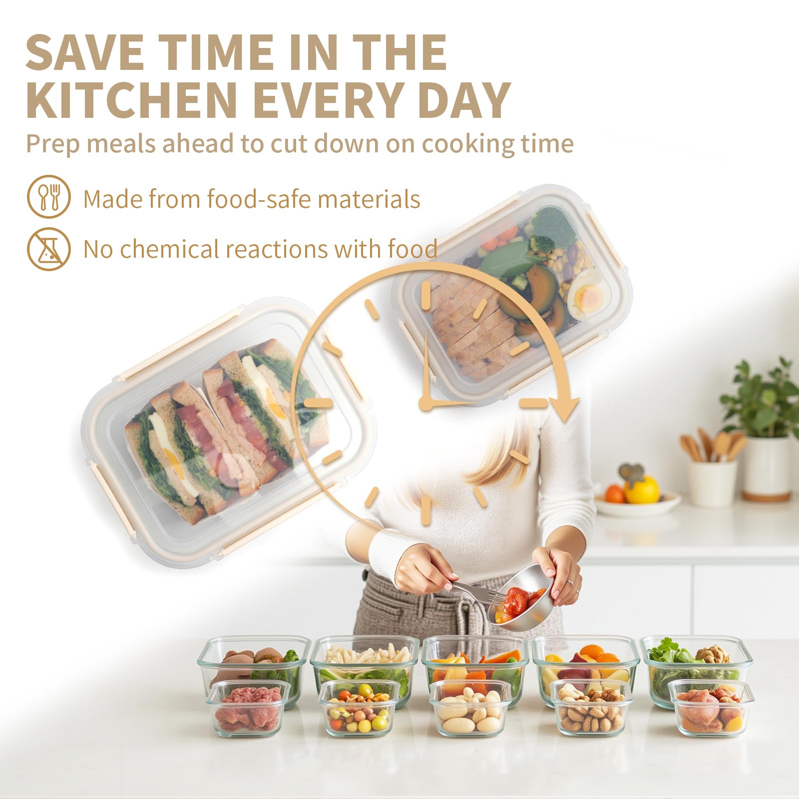 Confezione da 10 contenitori per alimenti in vetro con coperchi ermetici, contenitori per la preparazione dei pasti, set di contenitori con coperchio senza BPA, per alimenti, bento box, microonde