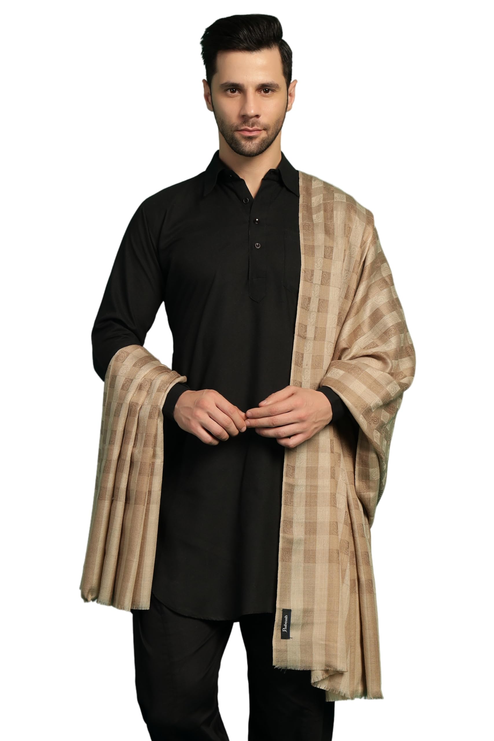 Mens Extra Fine Wool Shawl, Check Ambi Design, Beige-image-24