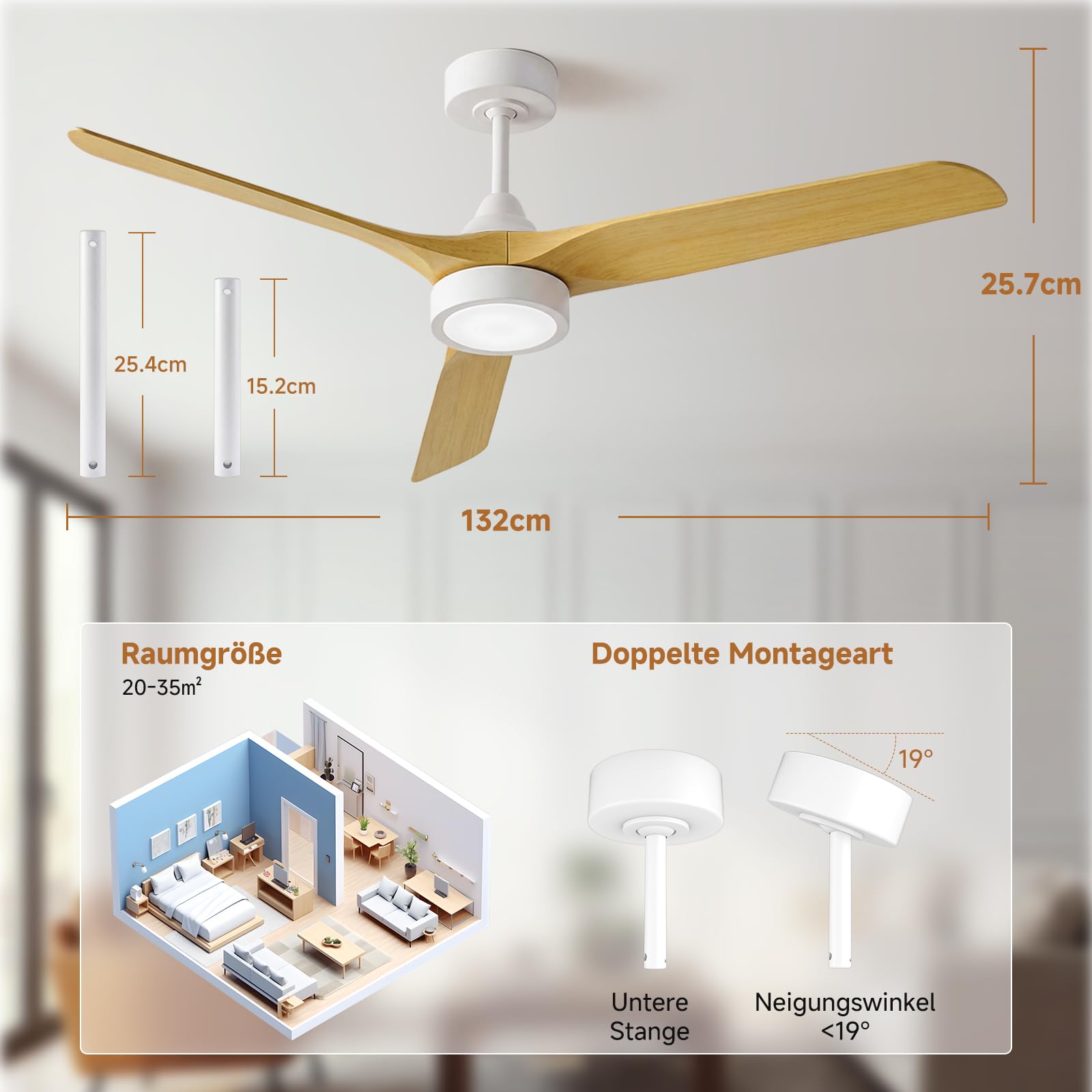 Ateroll 132 cm Deckenventilator mit Beleuchtung und Fernbedienung, DC-Motor, 6 Geschwindigkeiten, Timer, dimmbares LED, Sommer-Winterbetrieb