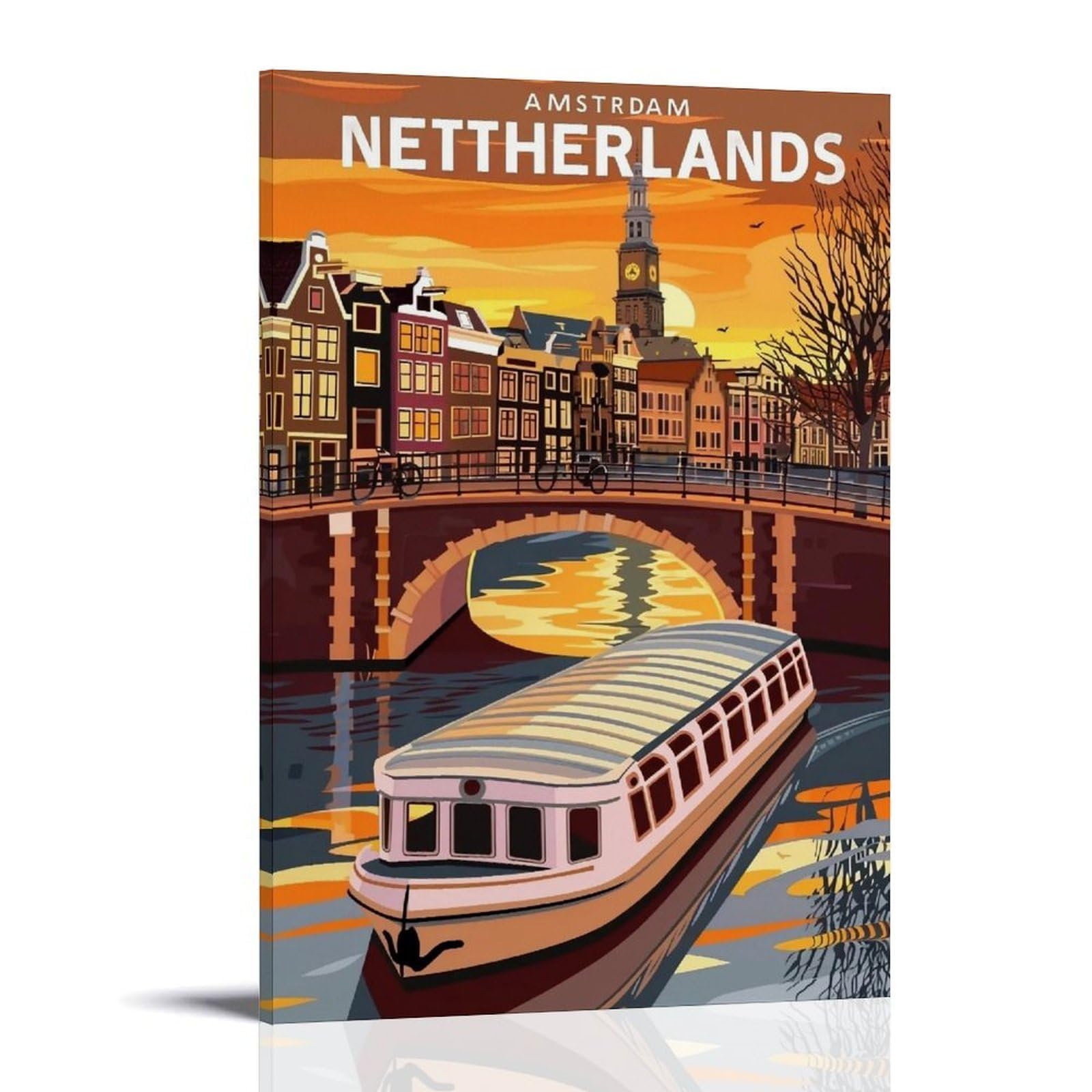 WHOUHJYE Amsterdam Canal Sunset 02 Poster Wall Art Canvas Vintage Aesthetic Painting Decor for Rooms 20x30inch Frame-style