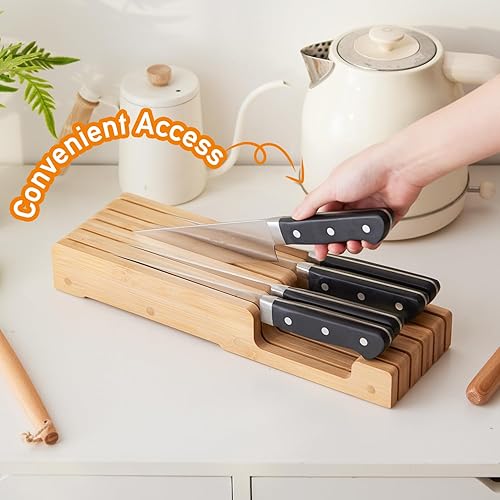 Miniatura 8 de Organizador de cuchillos en el cajón, bloque de cuchillos de bambú, soporte para cuchillos de carne sin cuchillos, capacidad para hasta 5 cuchillos