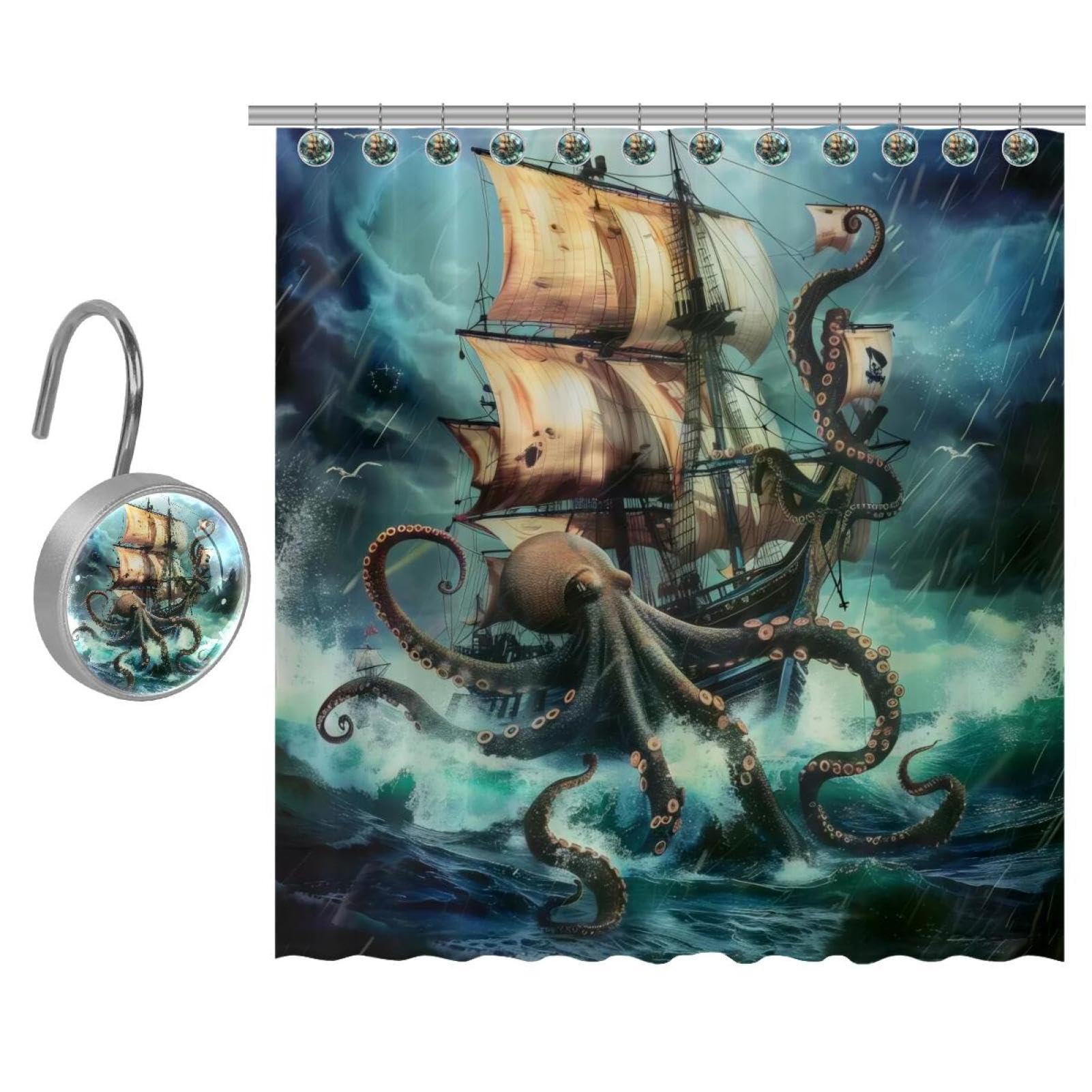 HOMCURSH Watercolor Pirate Ship Shower Curtain Set – Abstract Nautical Bathroom Decor