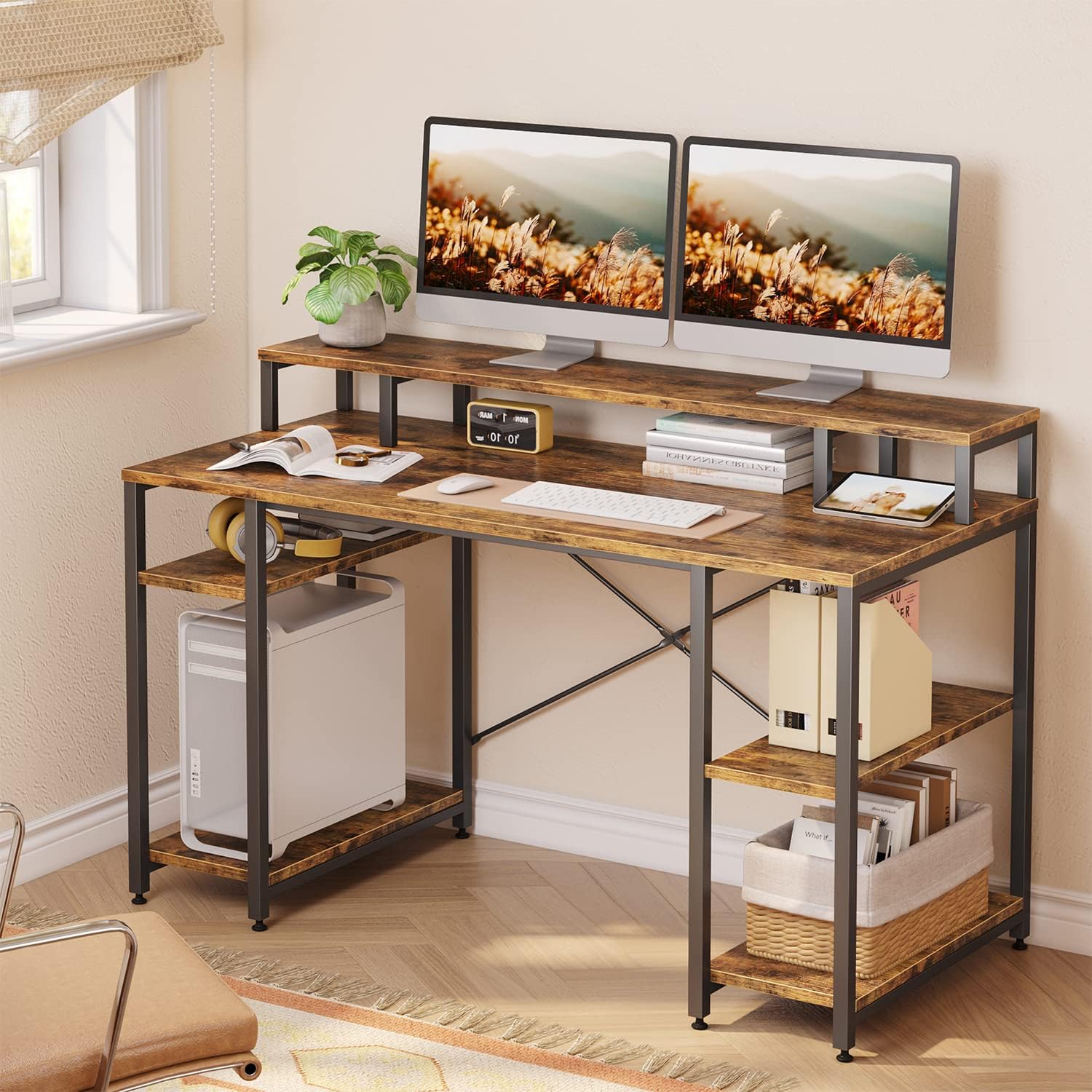 Bestier Computer Desk with Monitor Shelf, 55 Inches Gaming Desk with